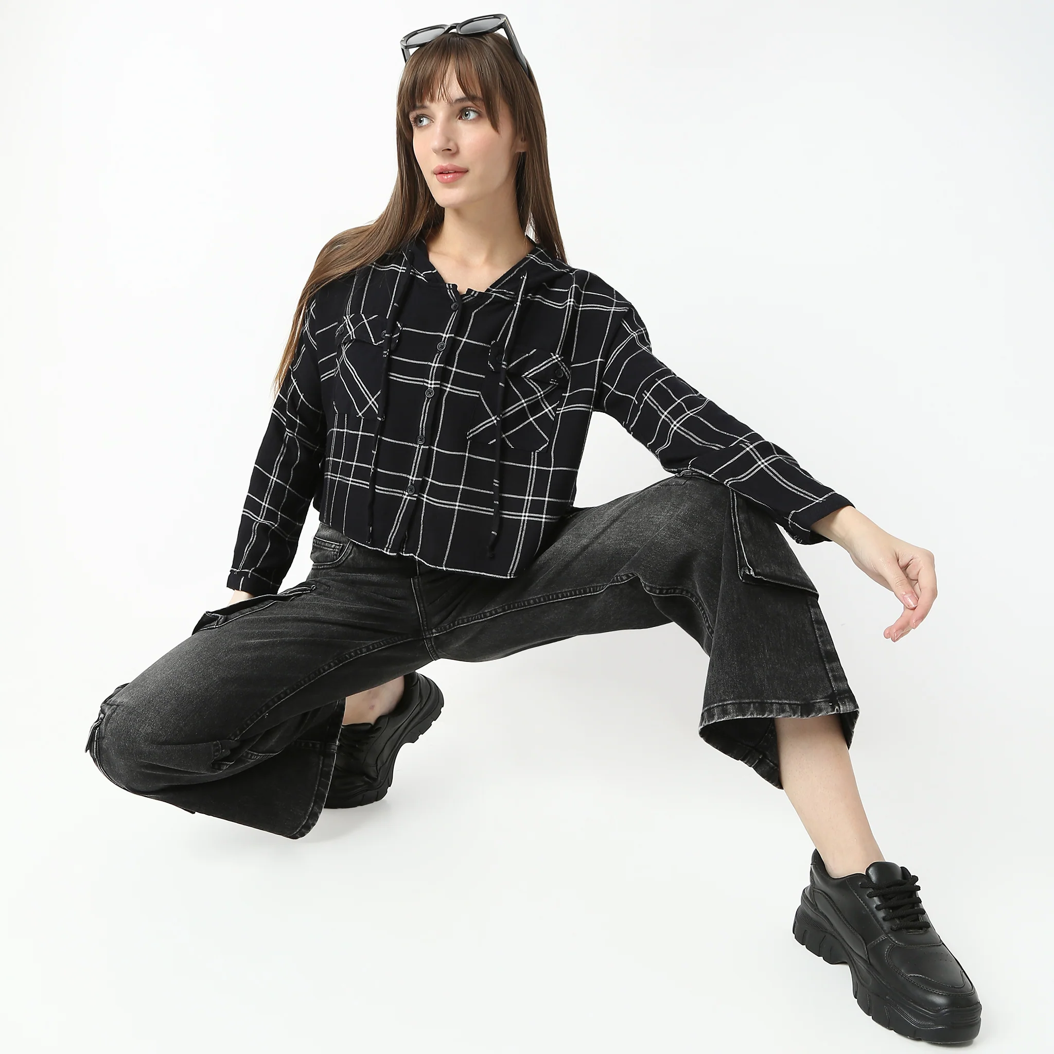 Oversize Checkered Short Length Hoodie Crop Shirt With Front Button Opening