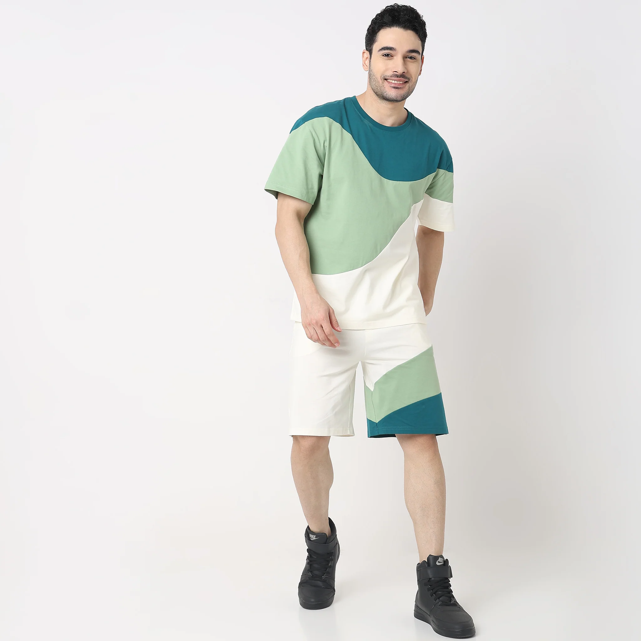 Uni Sets™ - Color Block - 100% Cotton Heavy Jersey Oversized Tee - coordinate look With shorts - Image 2