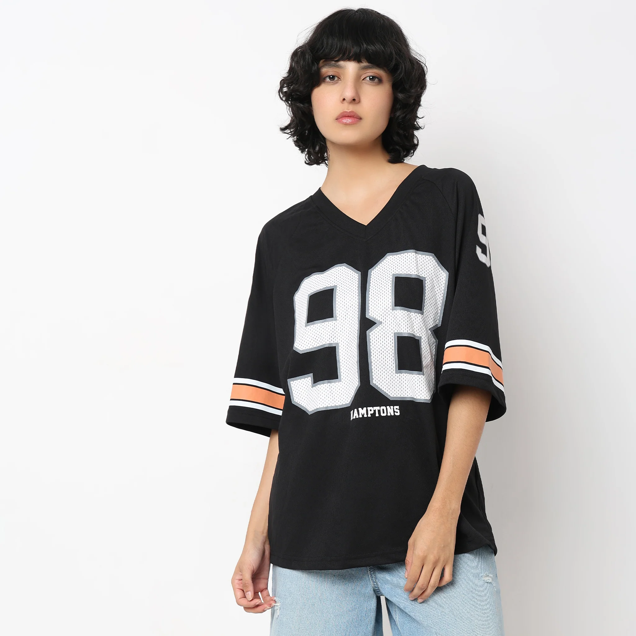 Oversize Printed Above Knee V-Neck Sporty T-Shirt - Image 2