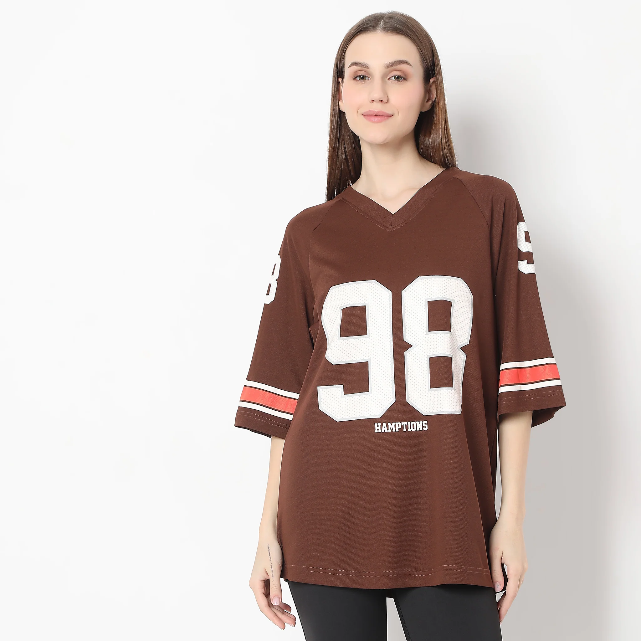 Oversize Printed Above Knee V-Neck Sporty T-Shirt - Image 7