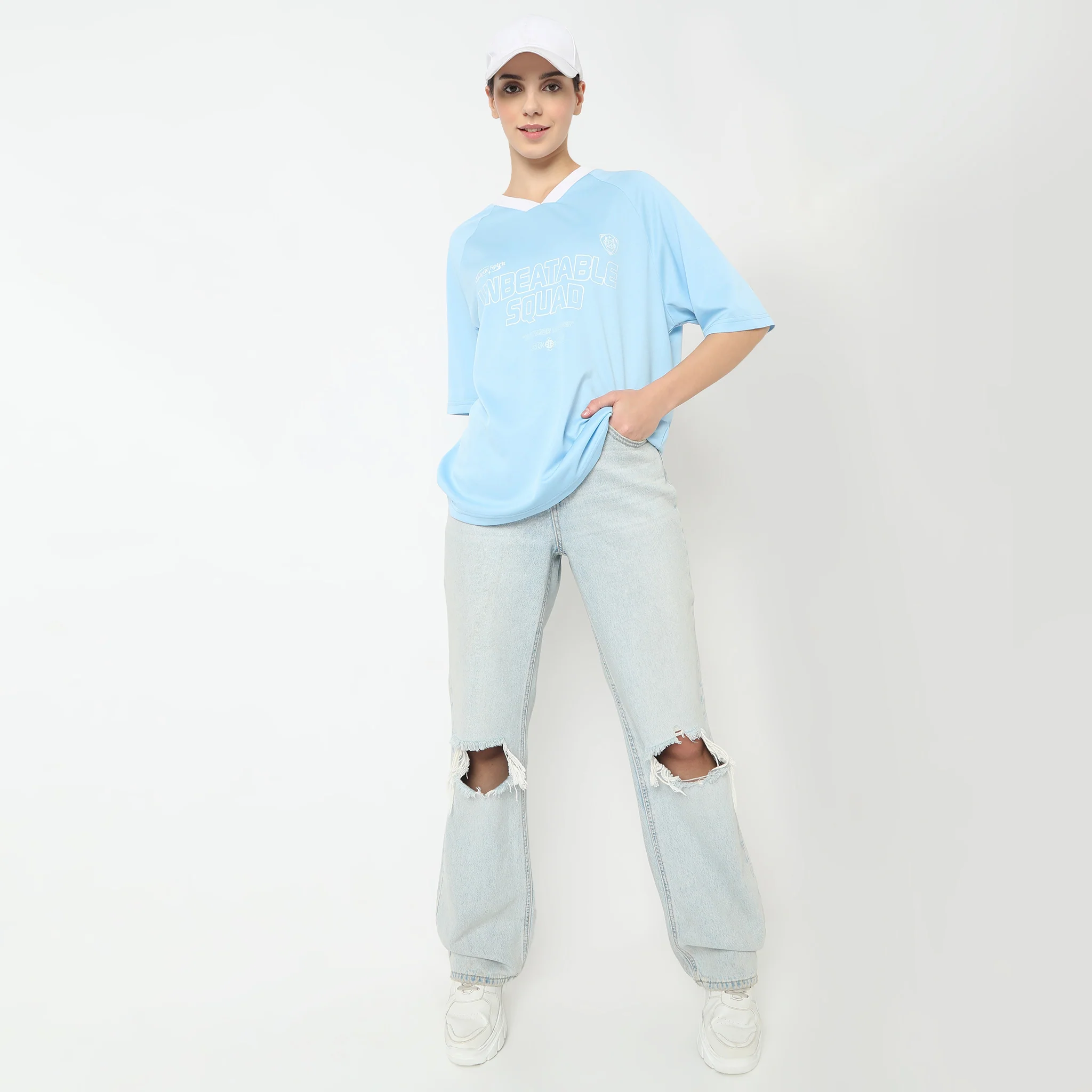 Oversize Printed Elbow Sleeve V-Neck T-Shirt