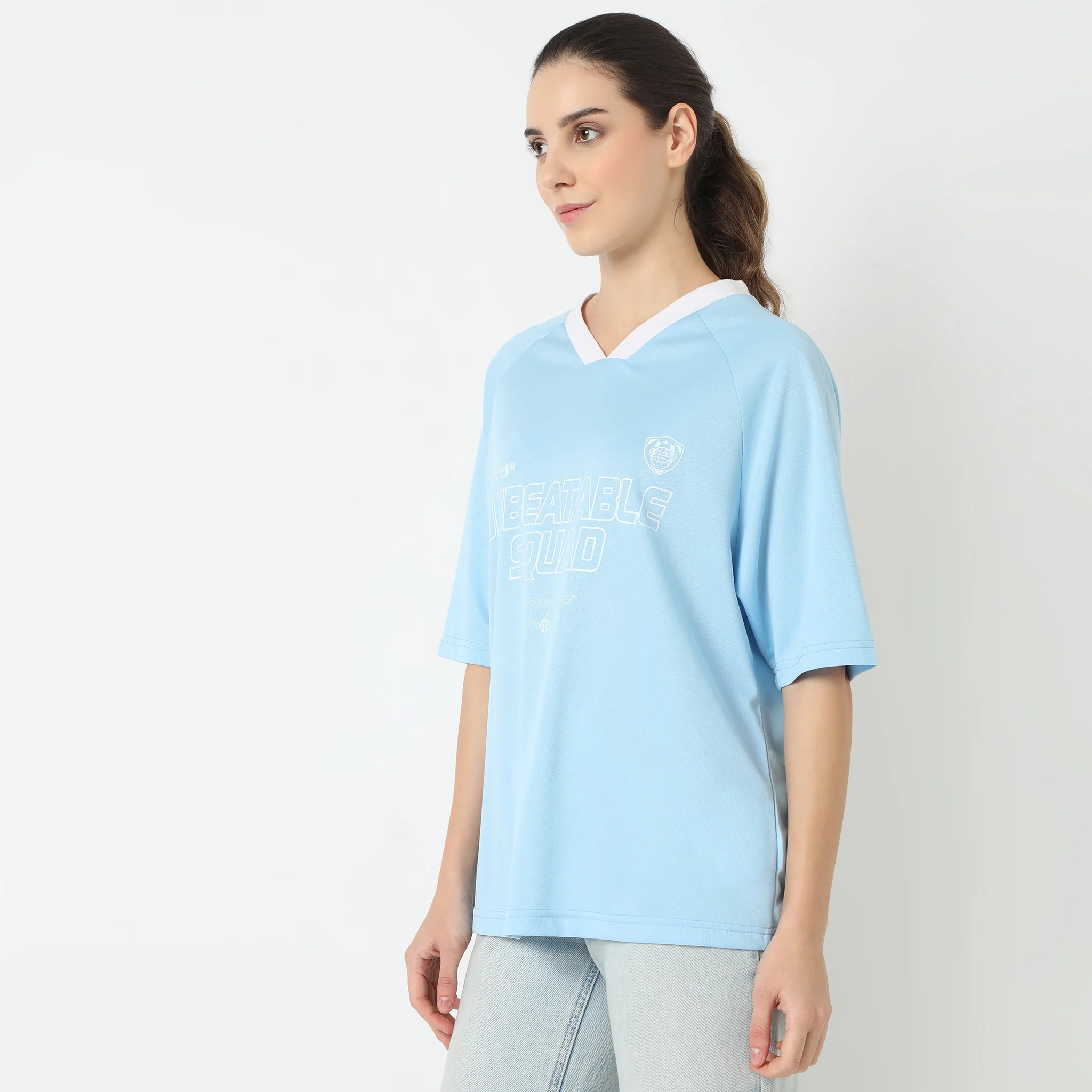 Oversize Printed Elbow Sleeve V-Neck T-Shirt - Image 4