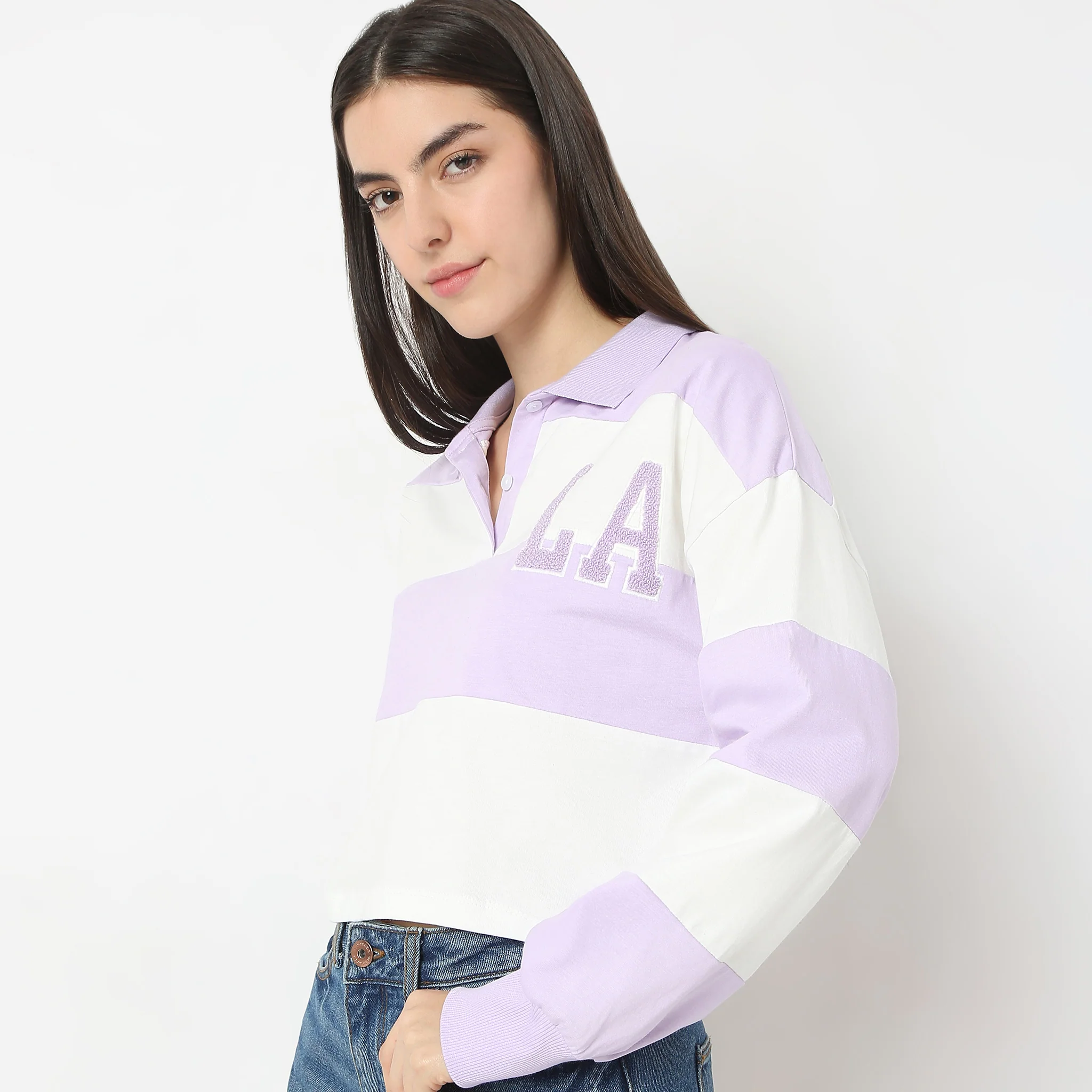 Oversize Striped Shirt Collar Full Sleeve T-Shirt - Image 4