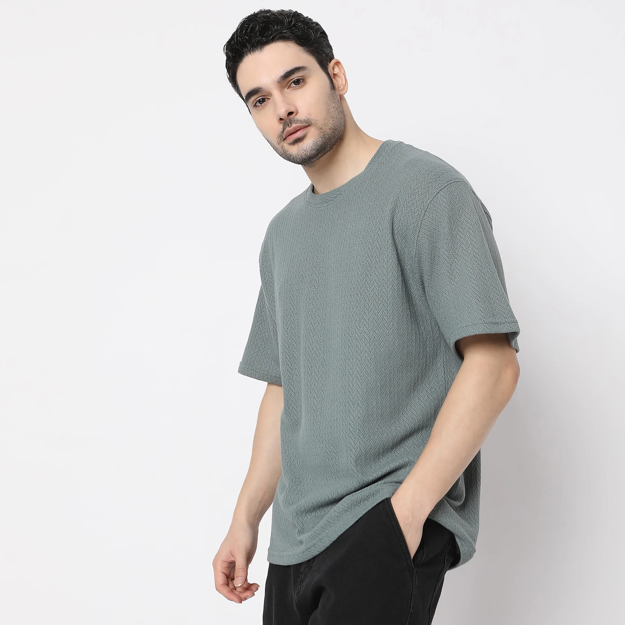 Oversize Structured Crew Neck Baggy T-Shirt - Image 4