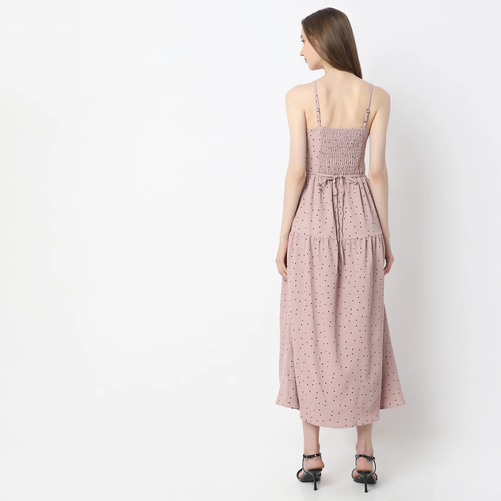 Polka Dot Calf-Length V-Neck Sleeveless Dress - Image 3