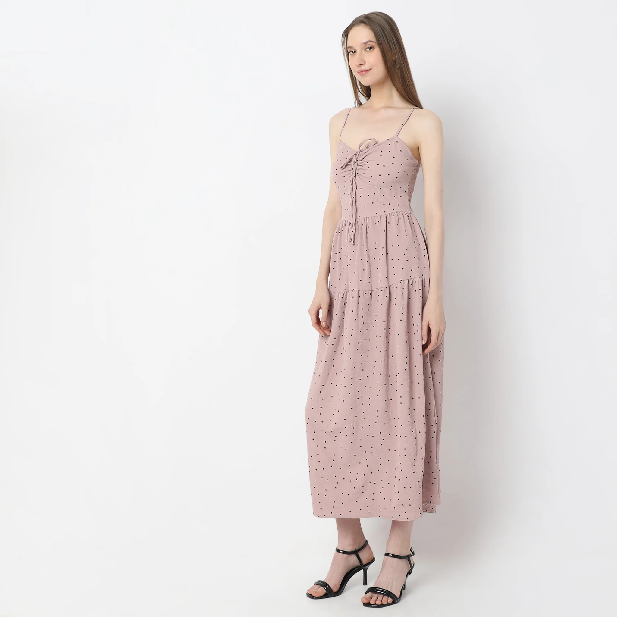 Polka Dot Calf-Length V-Neck Sleeveless Dress - Image 5