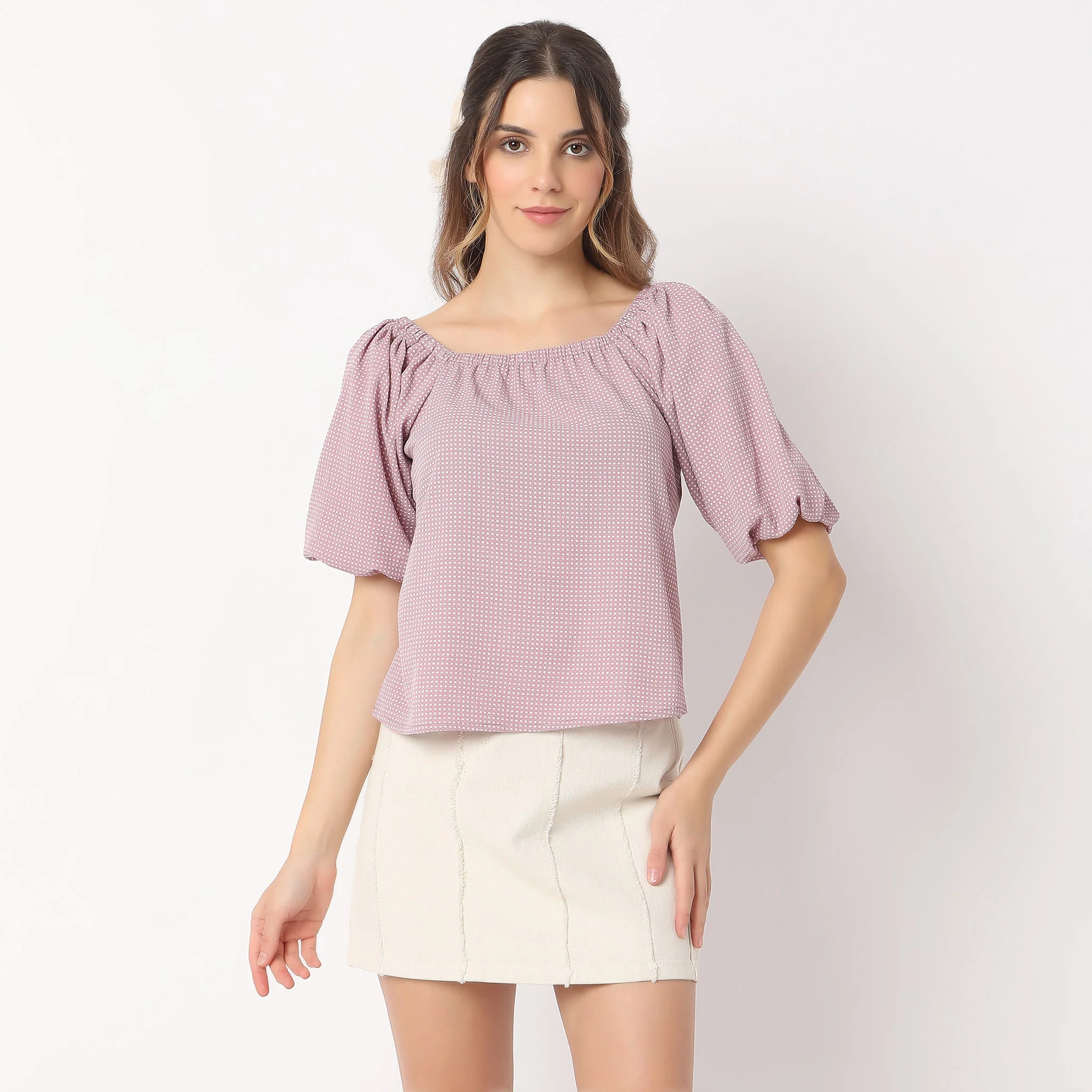 Polka Dot Square Neck Woven Puff Sleeve Top - Image 2