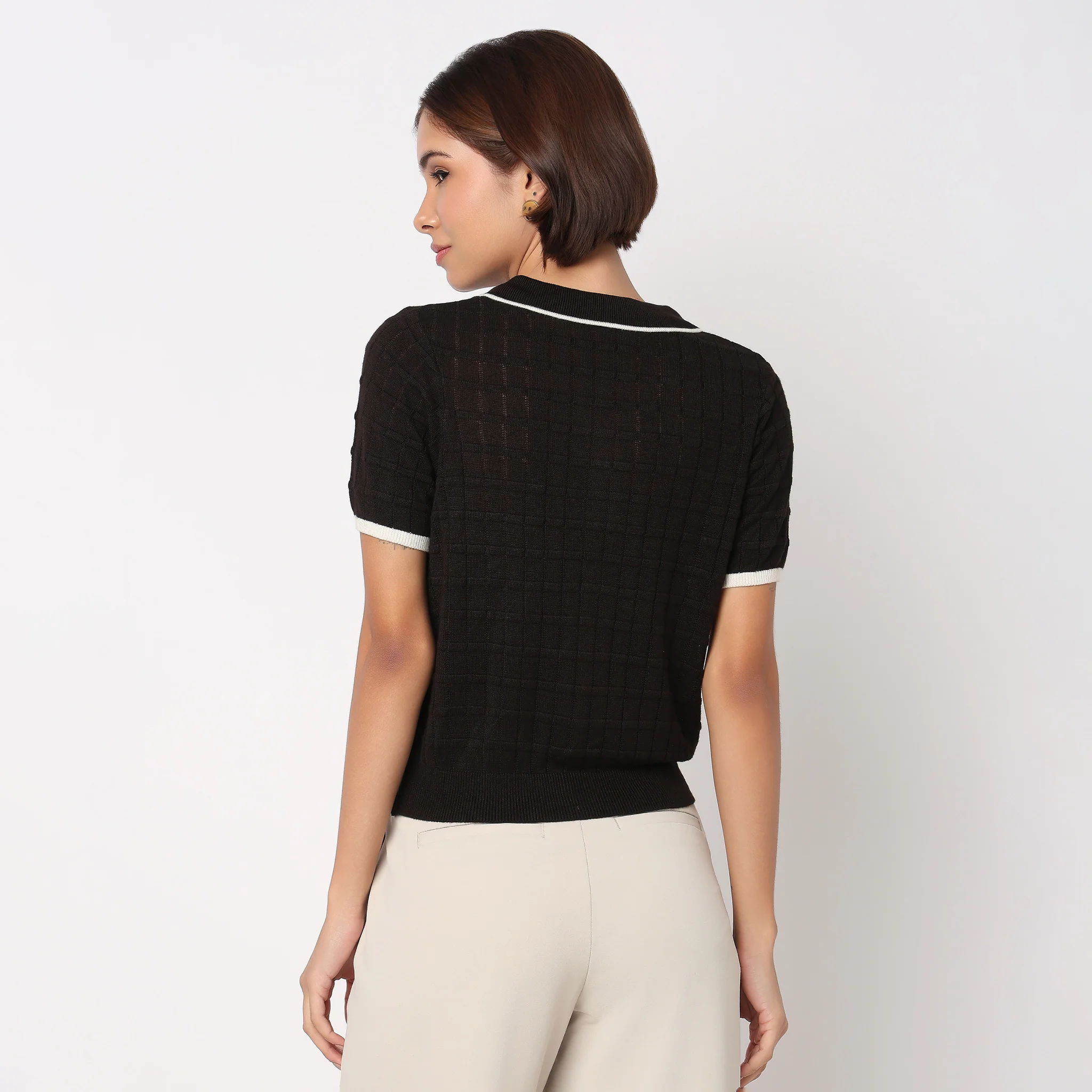 Polo Neck Fashion Tee With Front Opening - Image 3