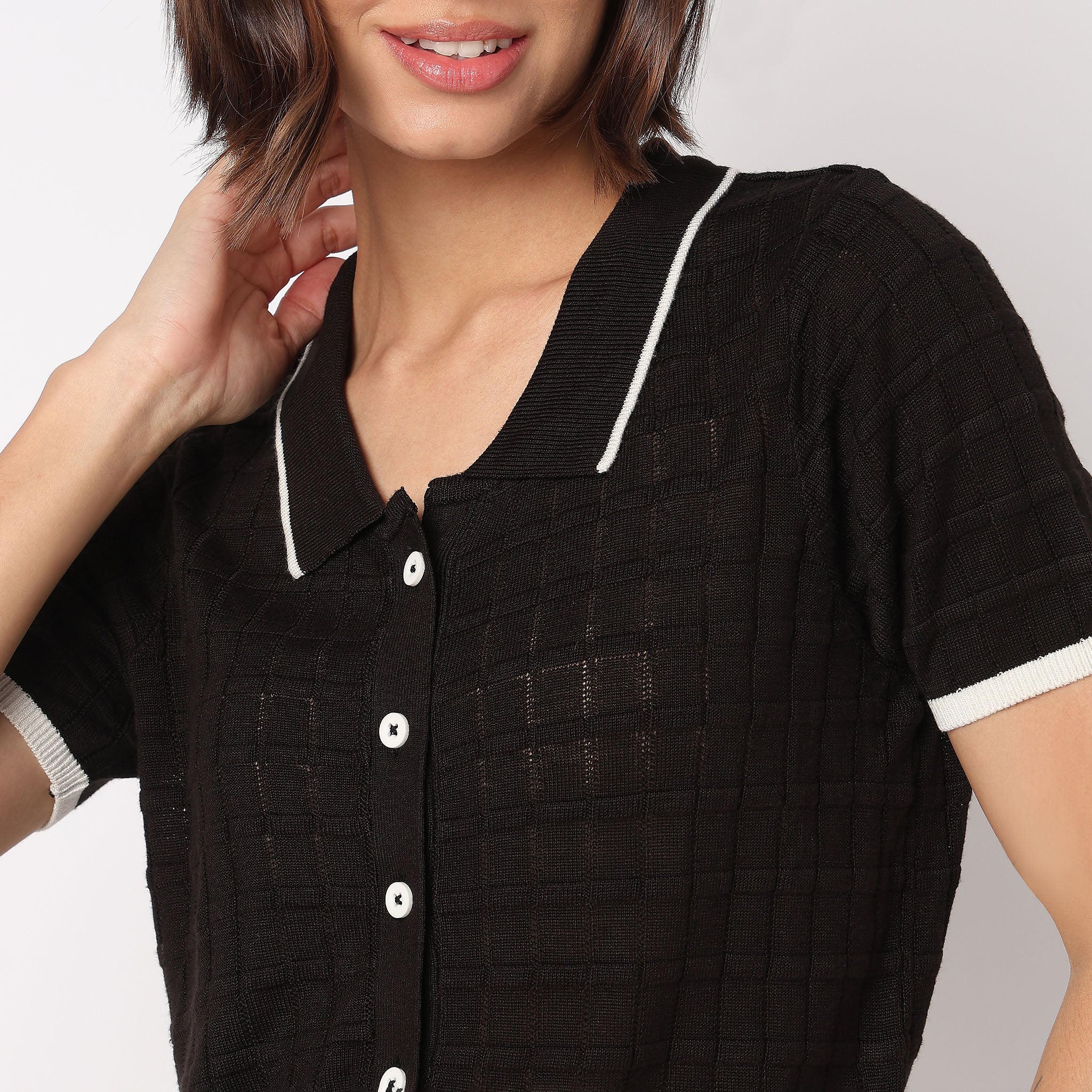 Polo Neck Fashion Tee With Front Opening - Image 4