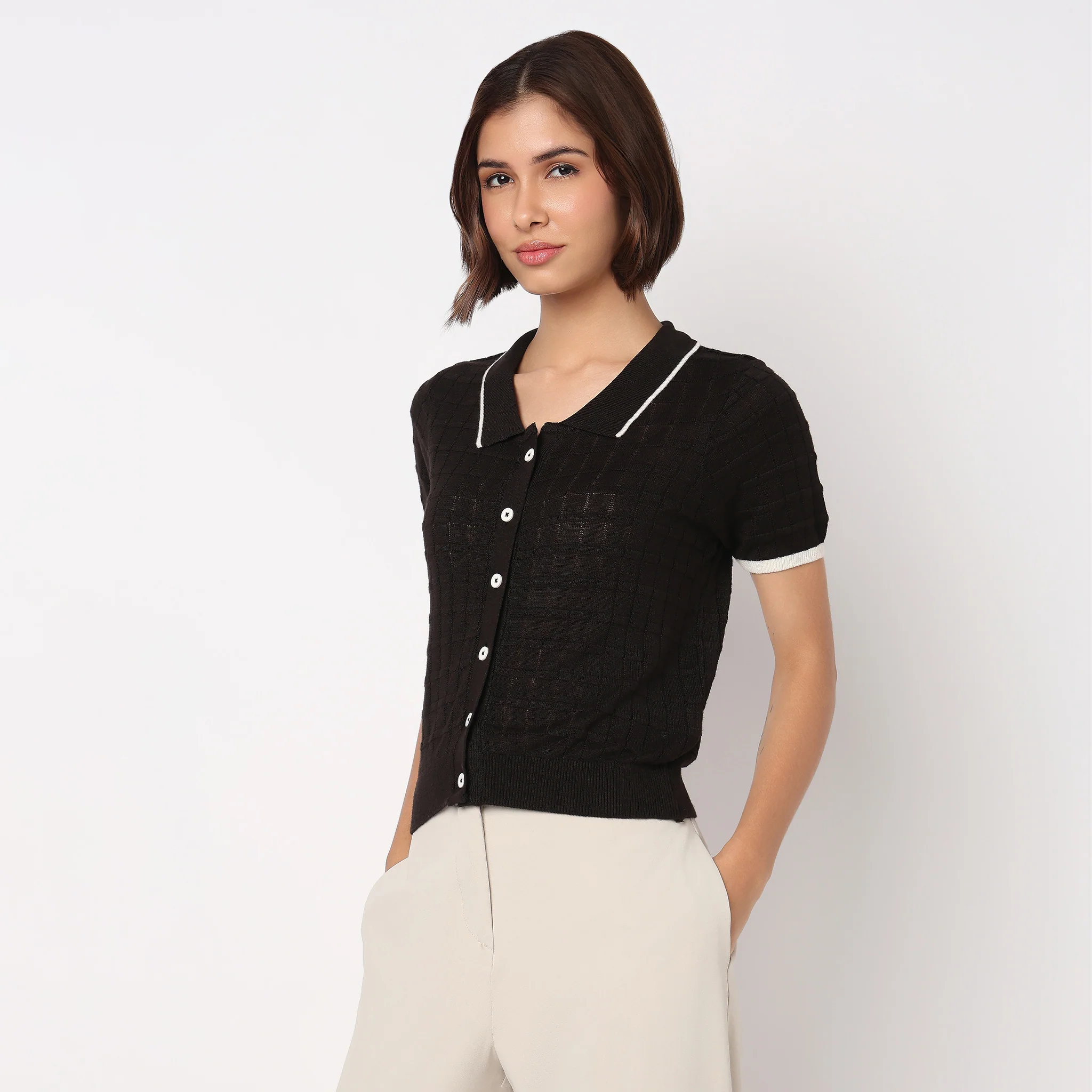 Polo Neck Fashion Tee With Front Opening - Image 5