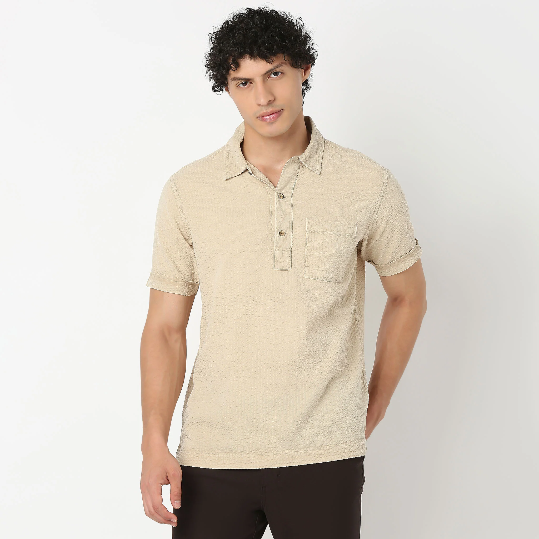 Polo Neck Half Sleeve Jacquard Solid Shirt - Image 2