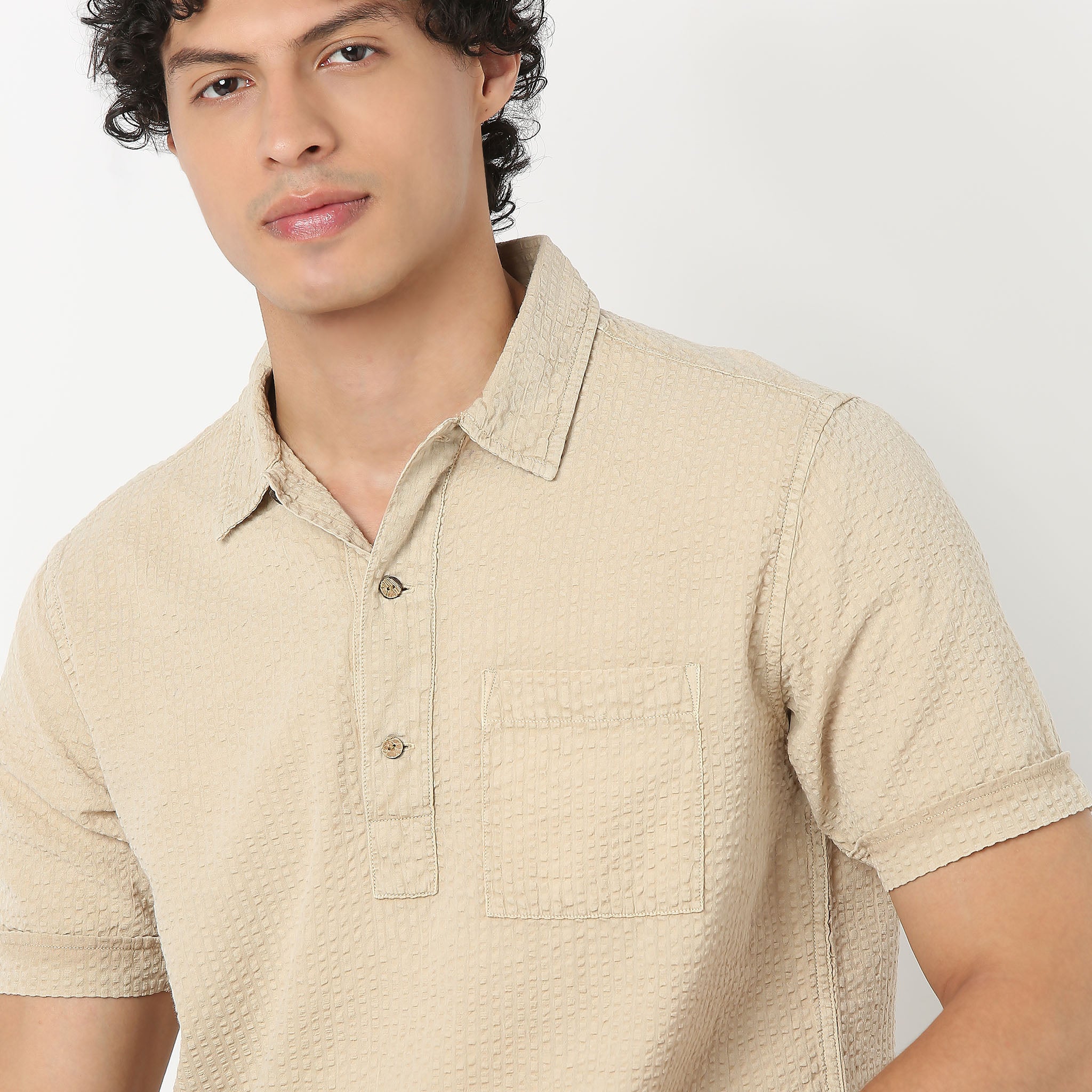 Polo Neck Half Sleeve Jacquard Solid Shirt - Image 4