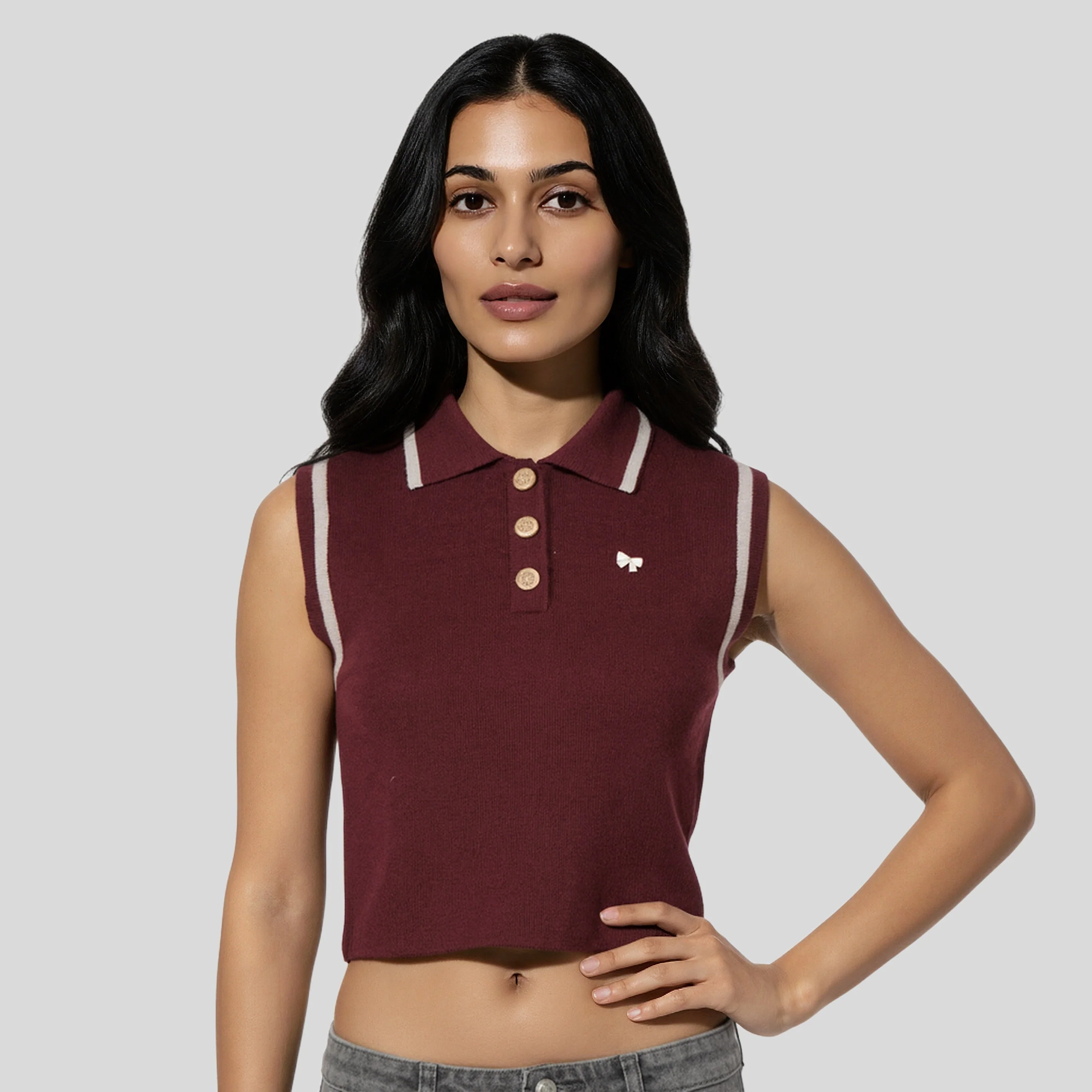 Polo Neck Sleeveless Flat Knit Sweater - Image 2