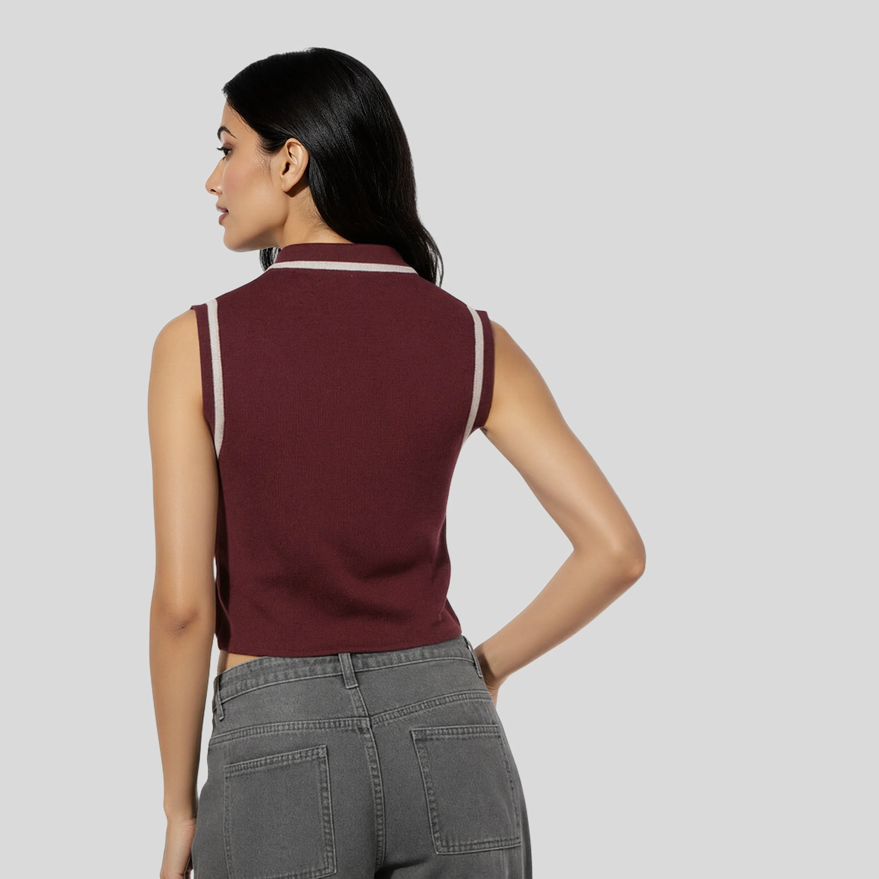Polo Neck Sleeveless Flat Knit Sweater - Image 3