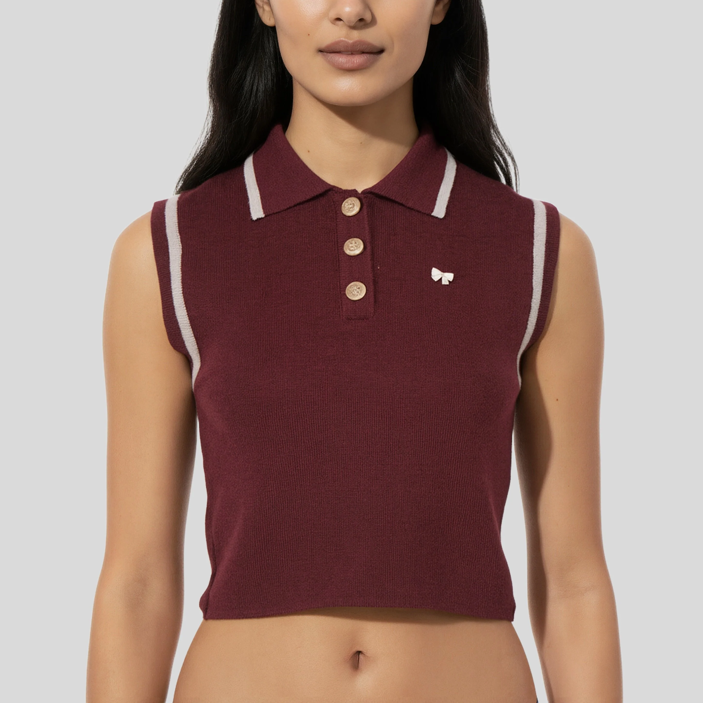 Polo Neck Sleeveless Flat Knit Sweater - Image 4