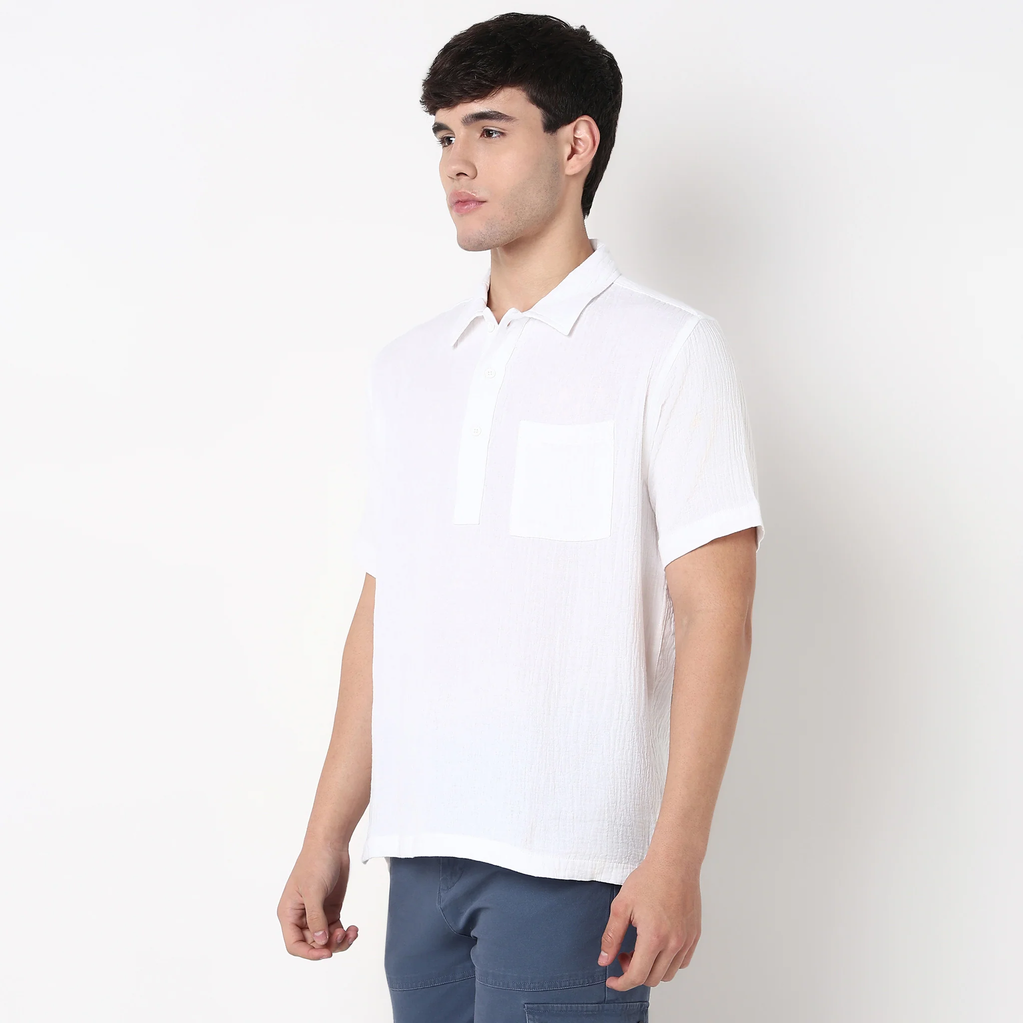 Polo Neck Solid Cotton Shirt - Image 10