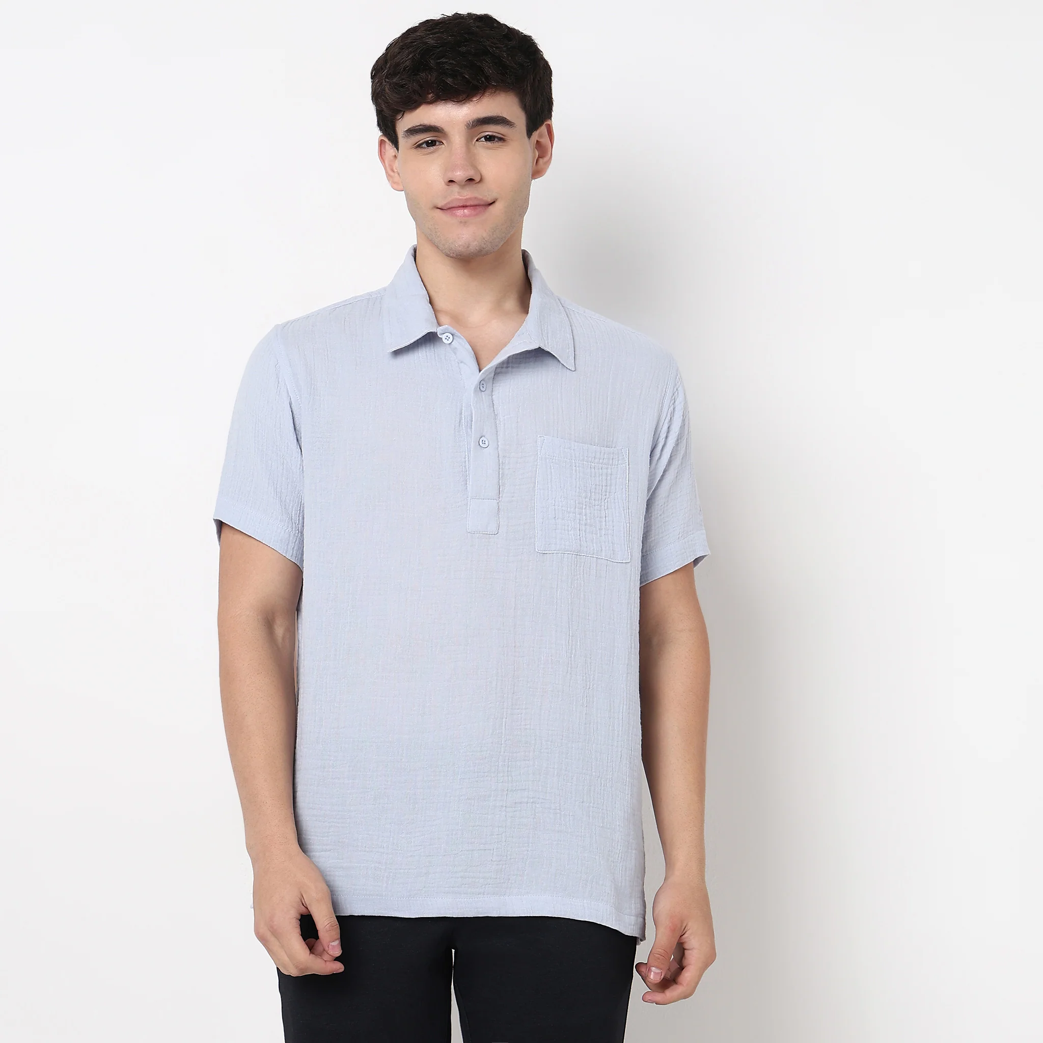 Polo Neck Solid Cotton Shirt - Image 3