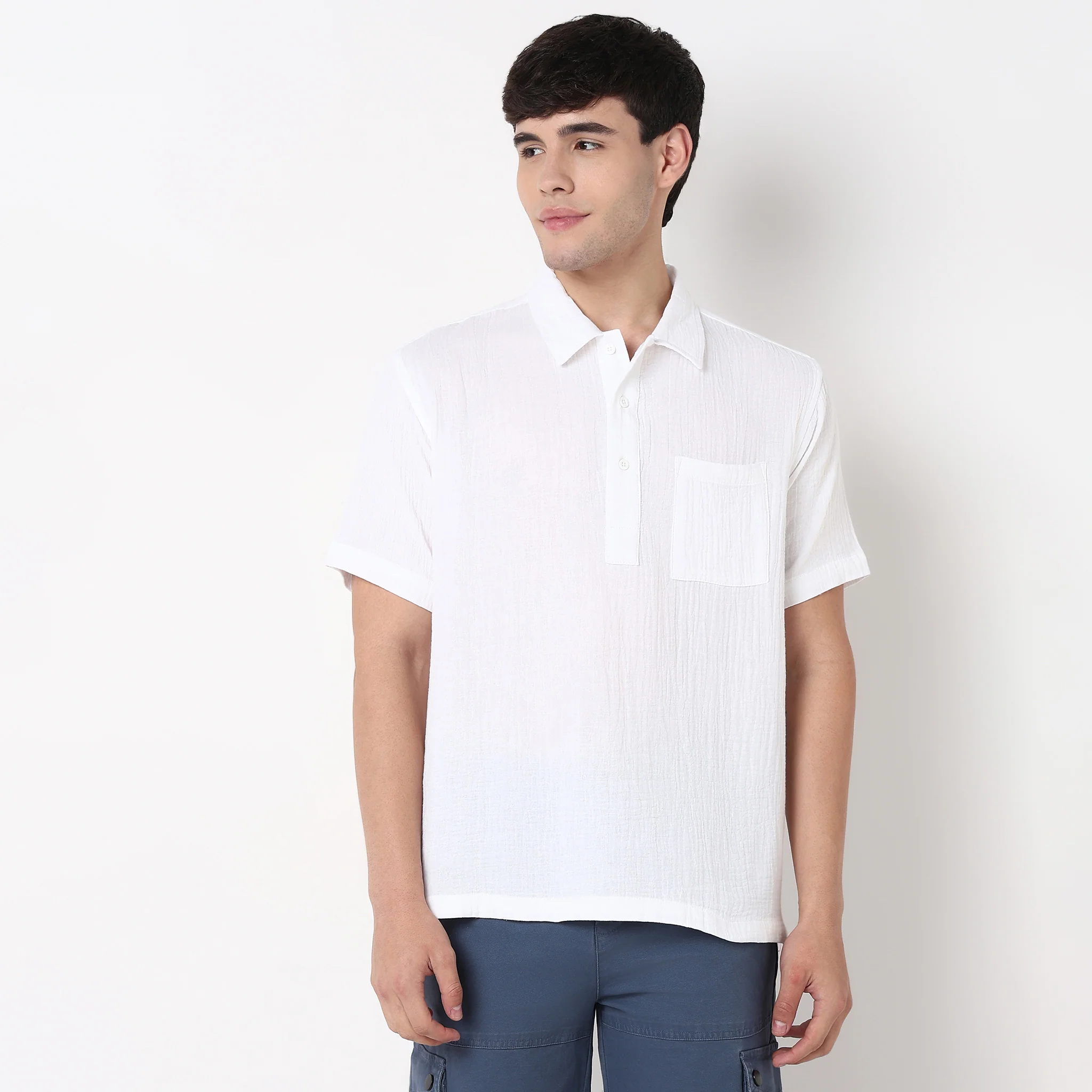 Polo Neck Solid Cotton Shirt - Image 4