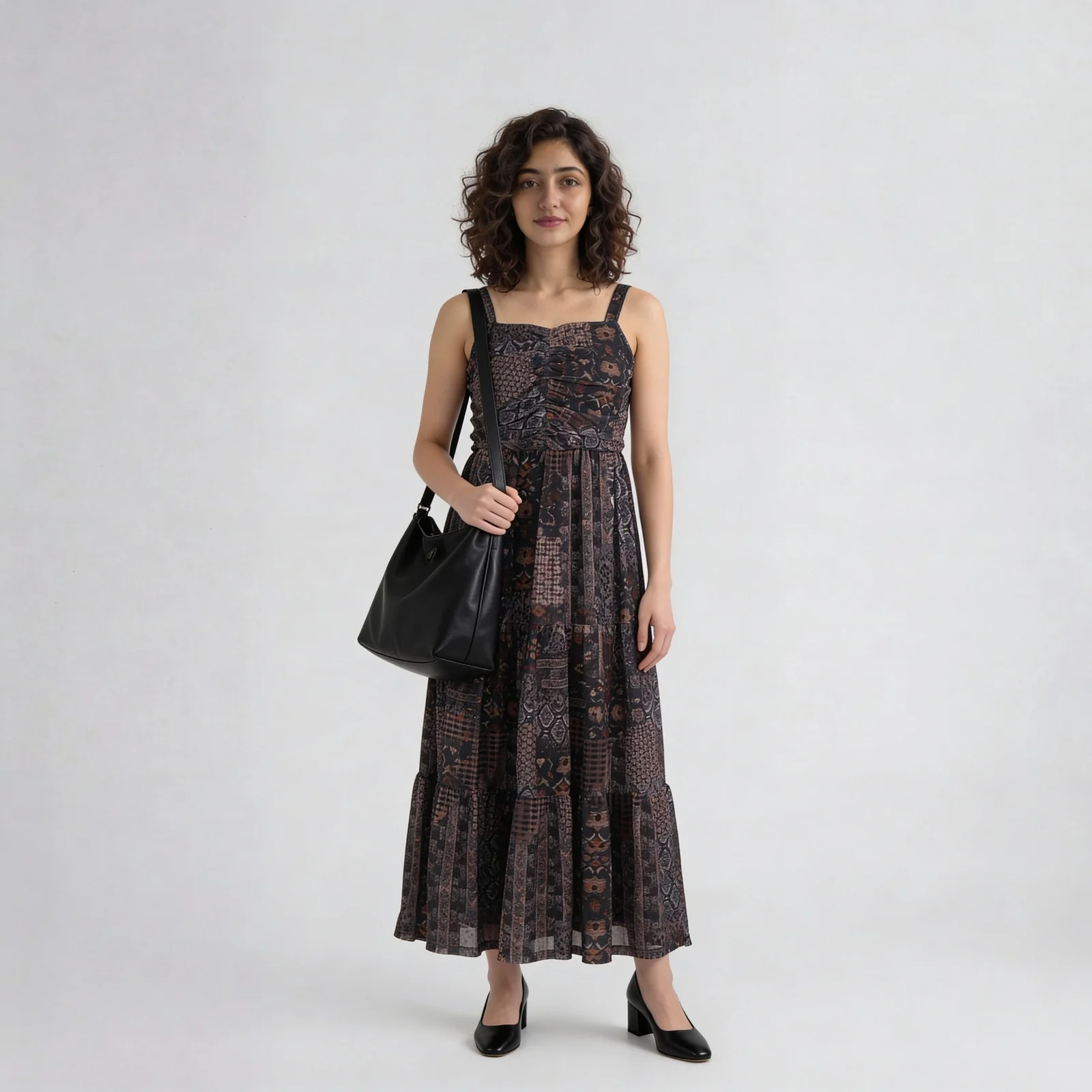 Printed Strappy Tiered Dress With Front Ruching