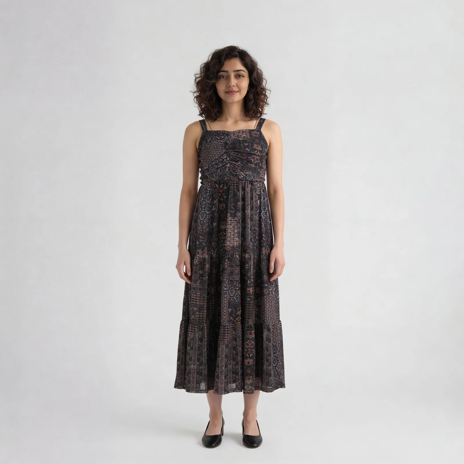 Printed Strappy Tiered Dress With Front Ruching - Image 2