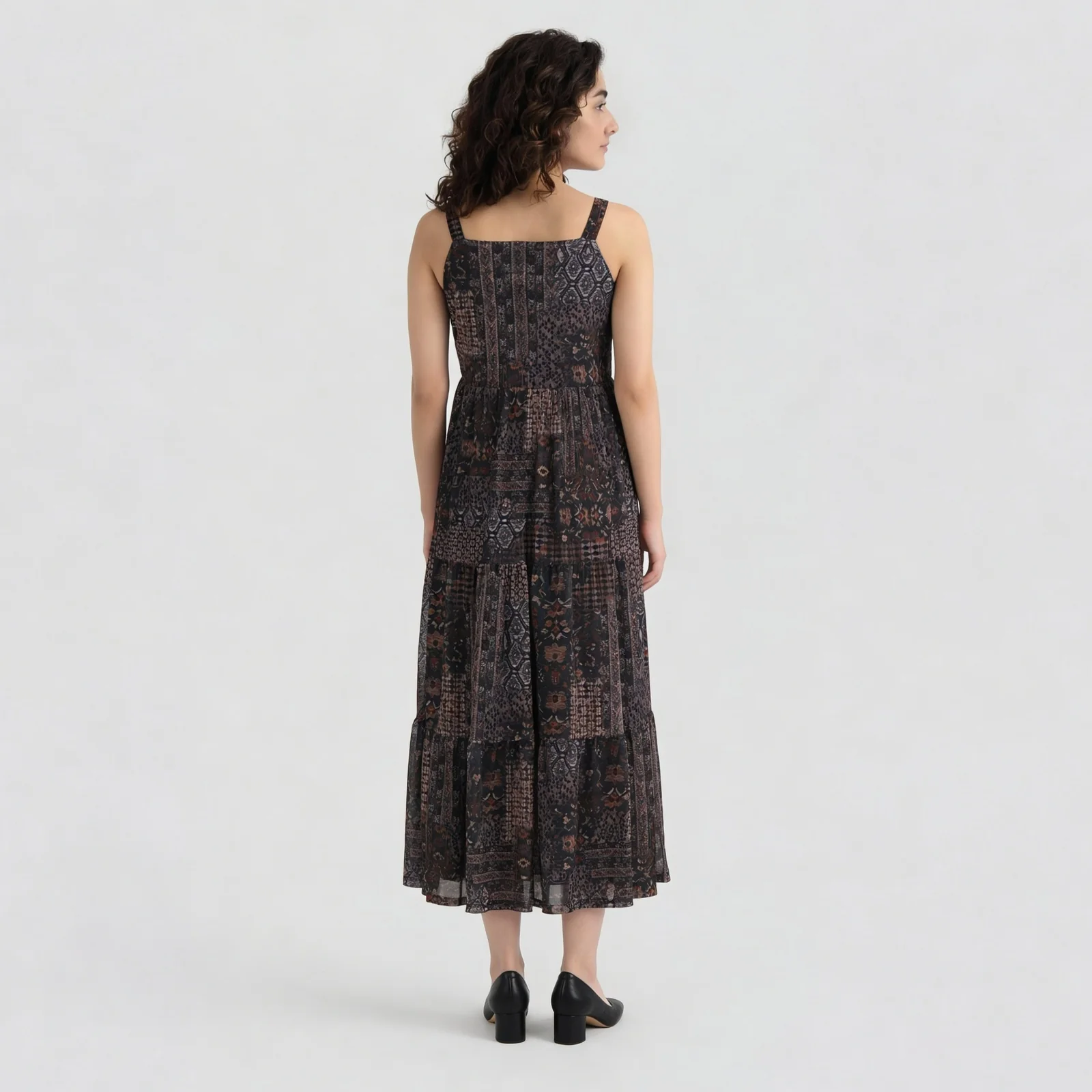Printed Strappy Tiered Dress With Front Ruching - Image 3