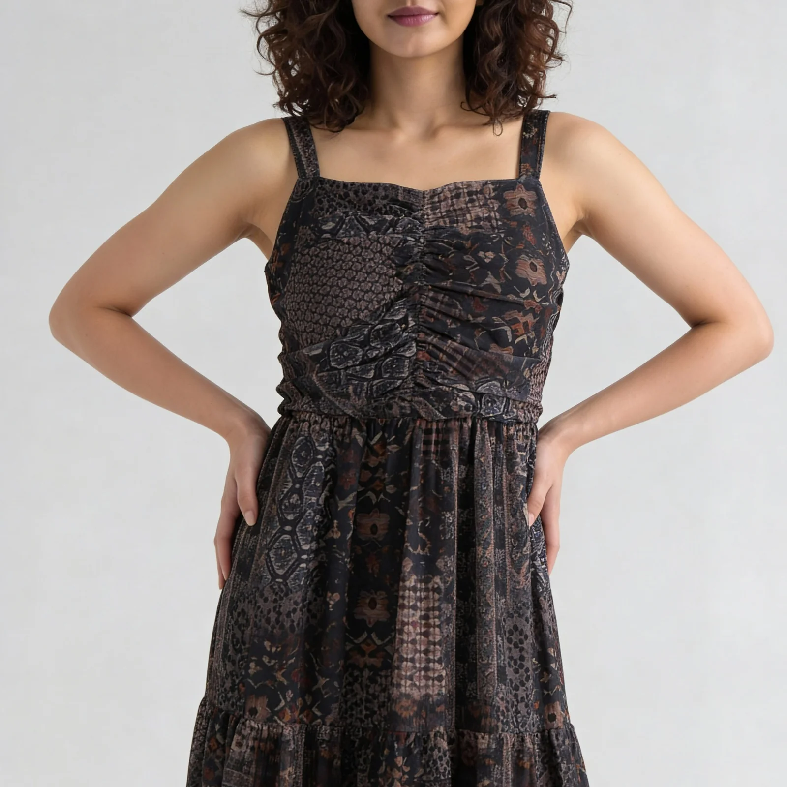 Printed Strappy Tiered Dress With Front Ruching - Image 4