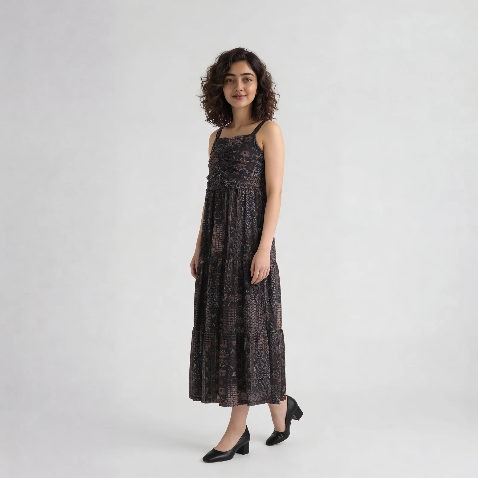 Printed Strappy Tiered Dress With Front Ruching - Image 5