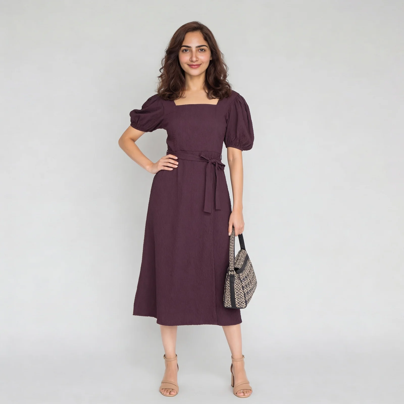Solid Square Neck Flared Sleeve Dress
