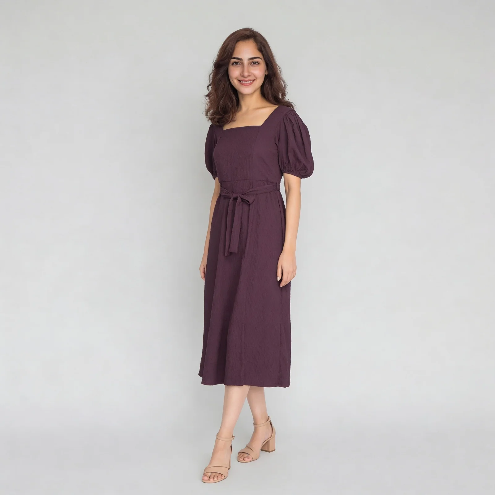 Solid Square Neck Flared Sleeve Dress - Image 2
