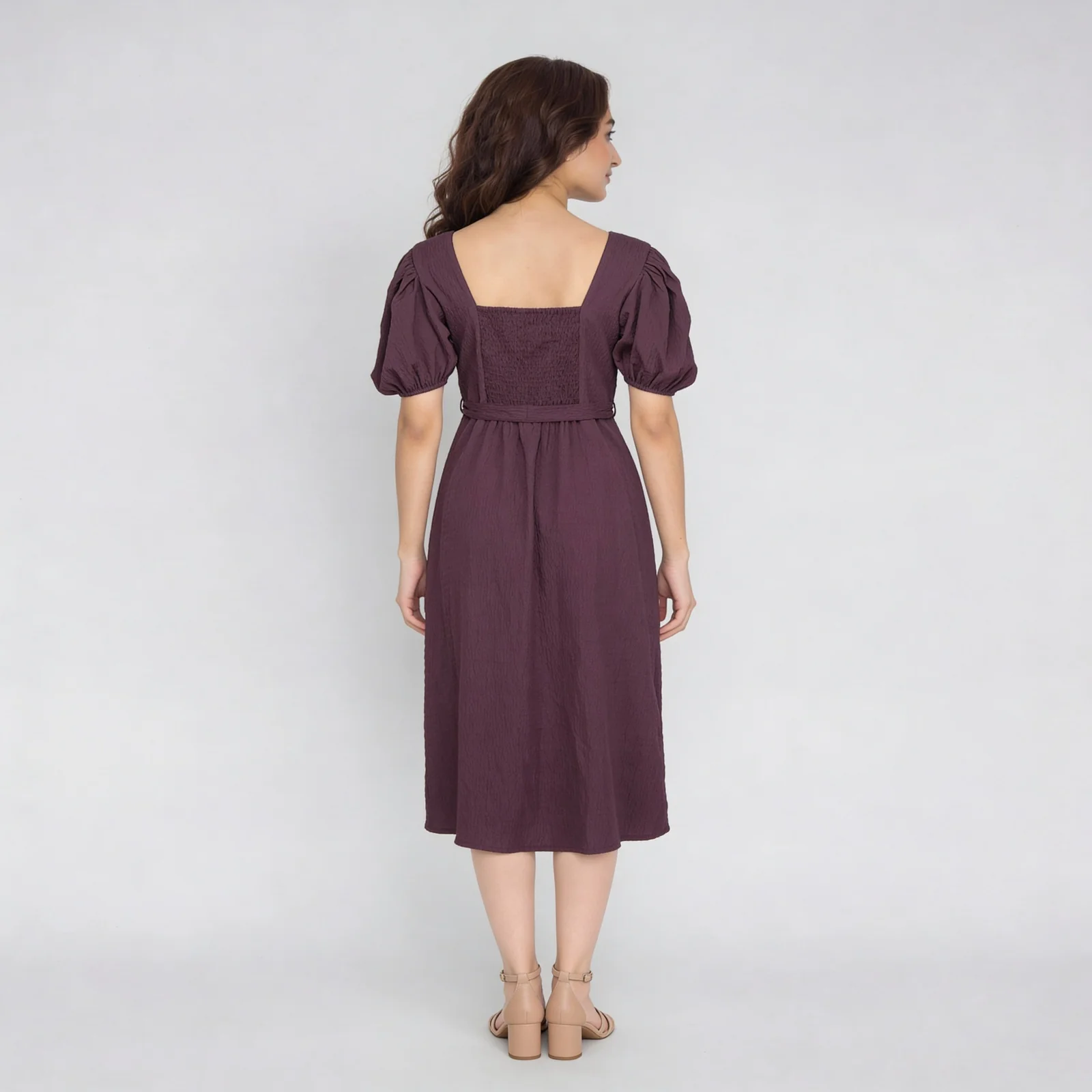 Solid Square Neck Flared Sleeve Dress - Image 3