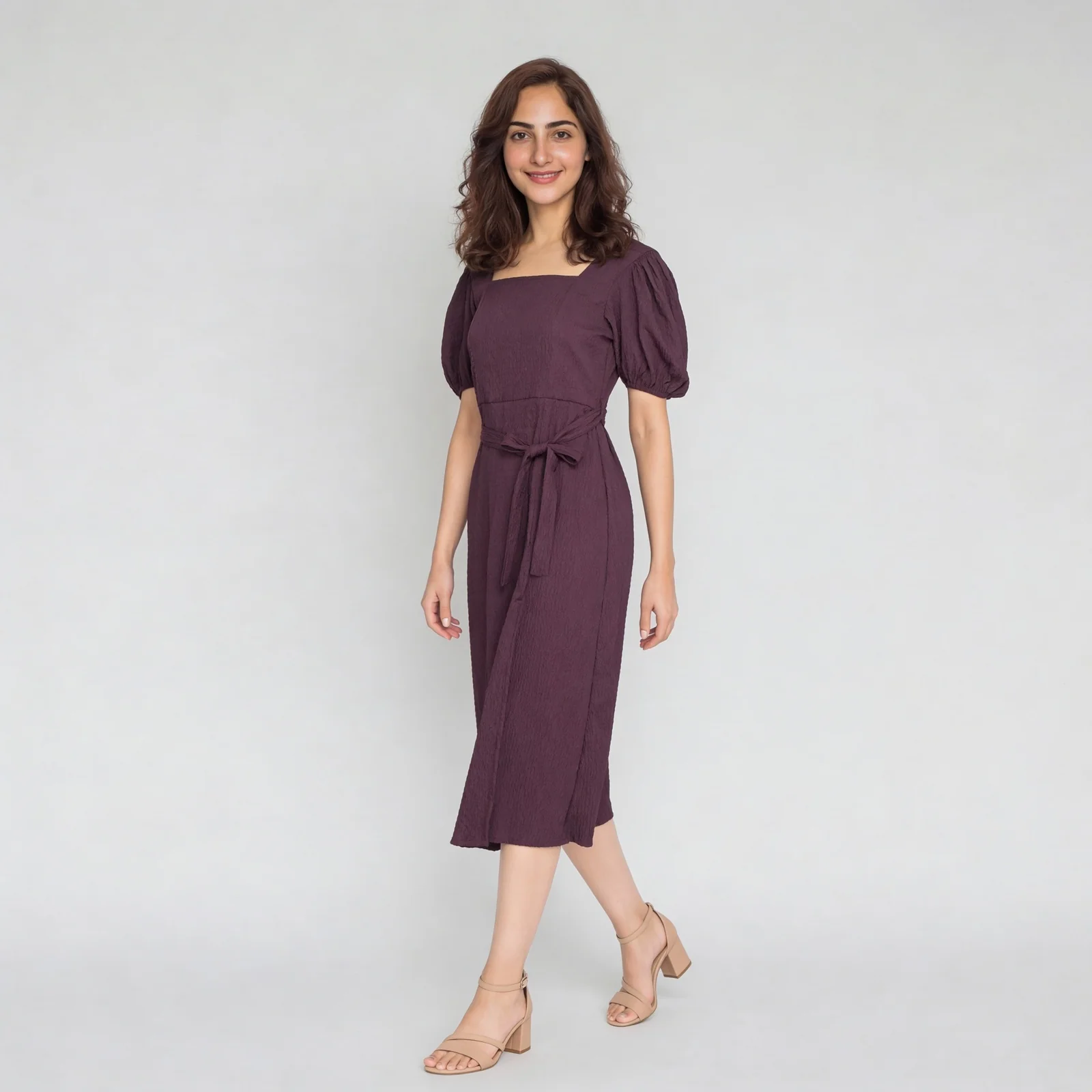 Solid Square Neck Flared Sleeve Dress - Image 5