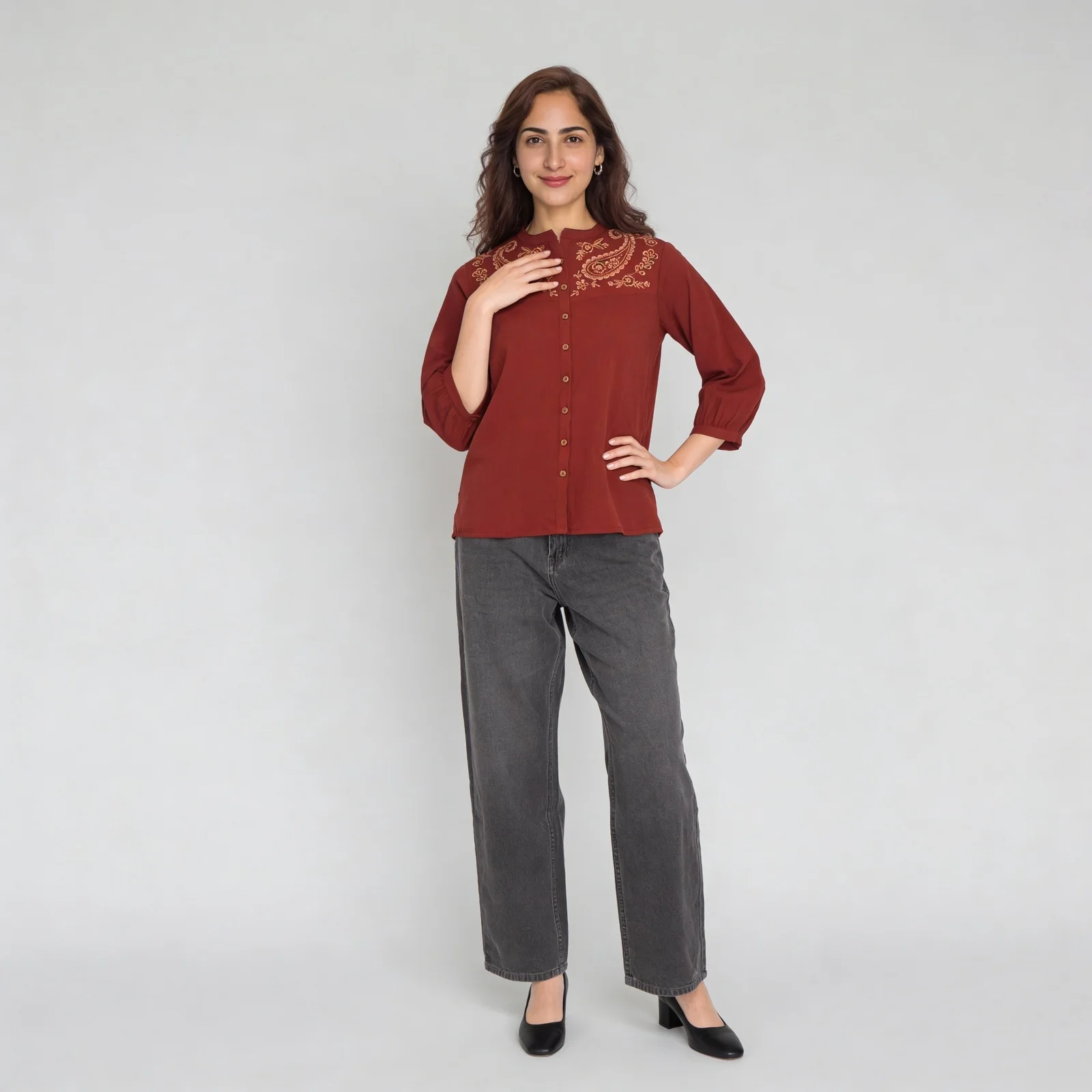 Embroidered Yoke Button-Down Top