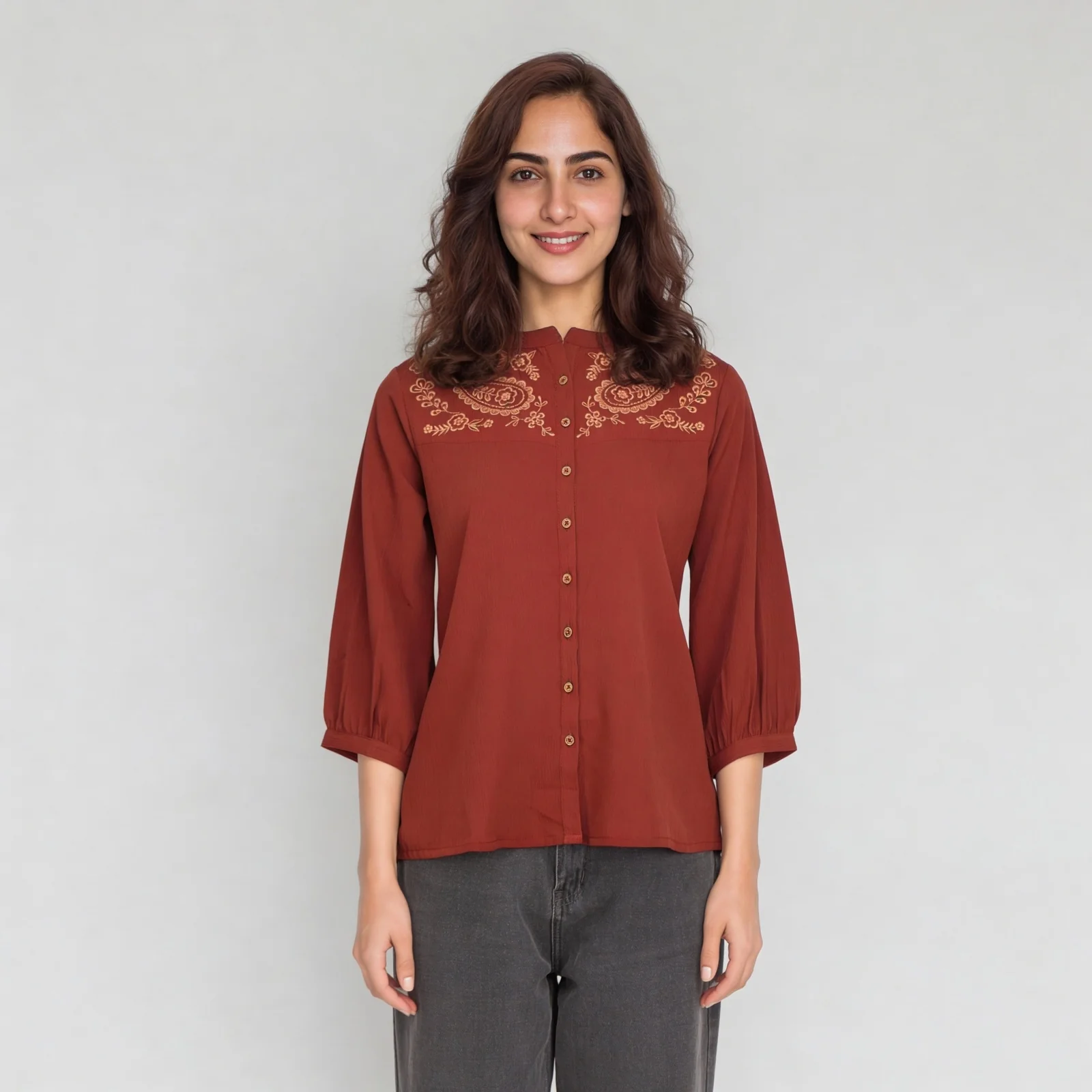 Embroidered Yoke Button-Down Top - Image 2
