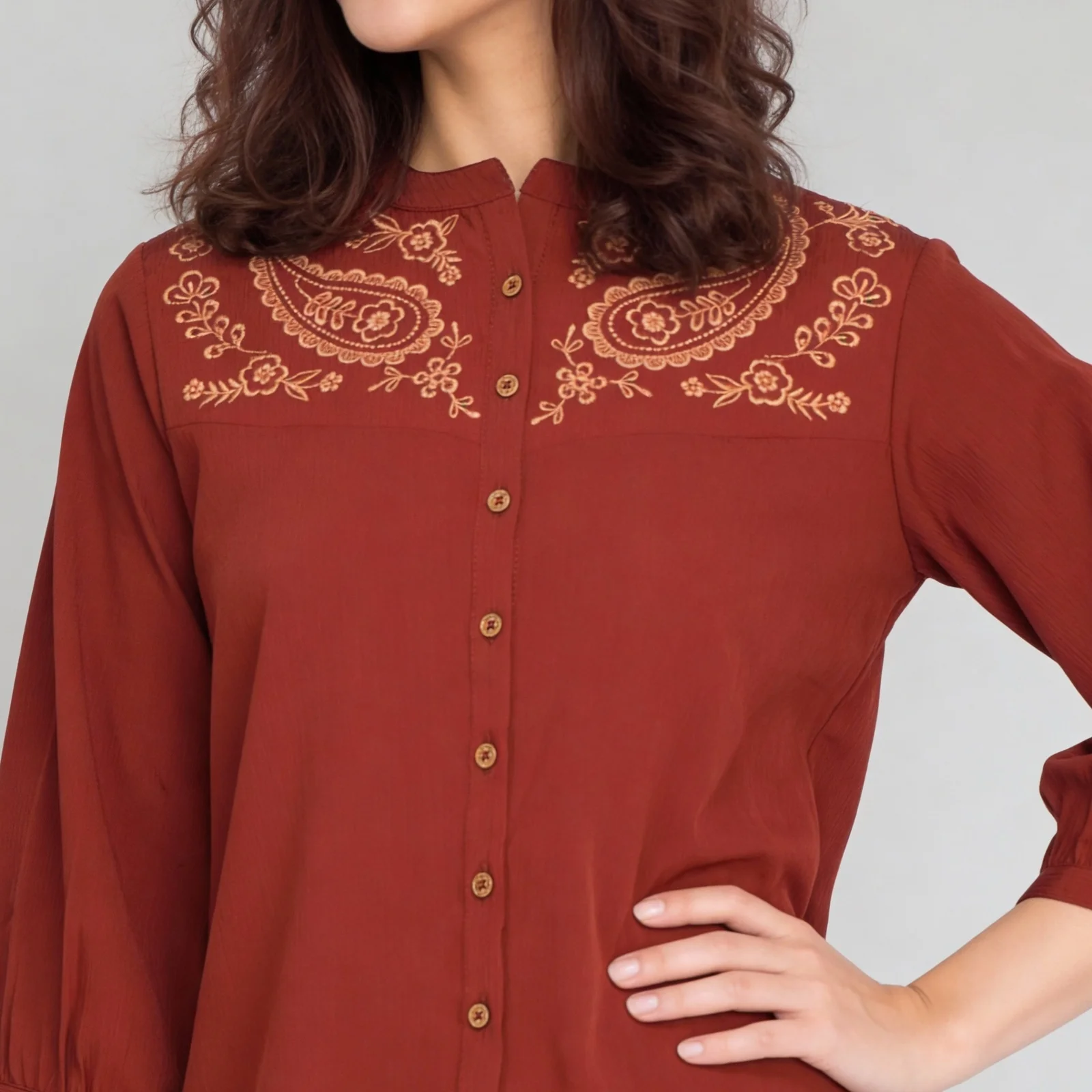 Embroidered Yoke Button-Down Top - Image 4