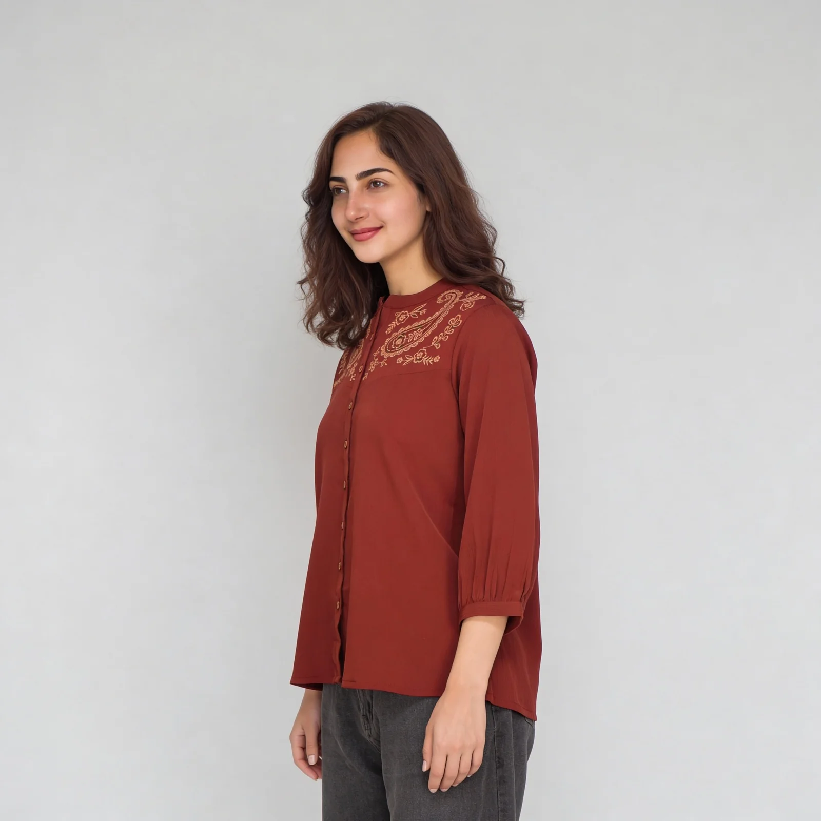 Embroidered Yoke Button-Down Top - Image 5