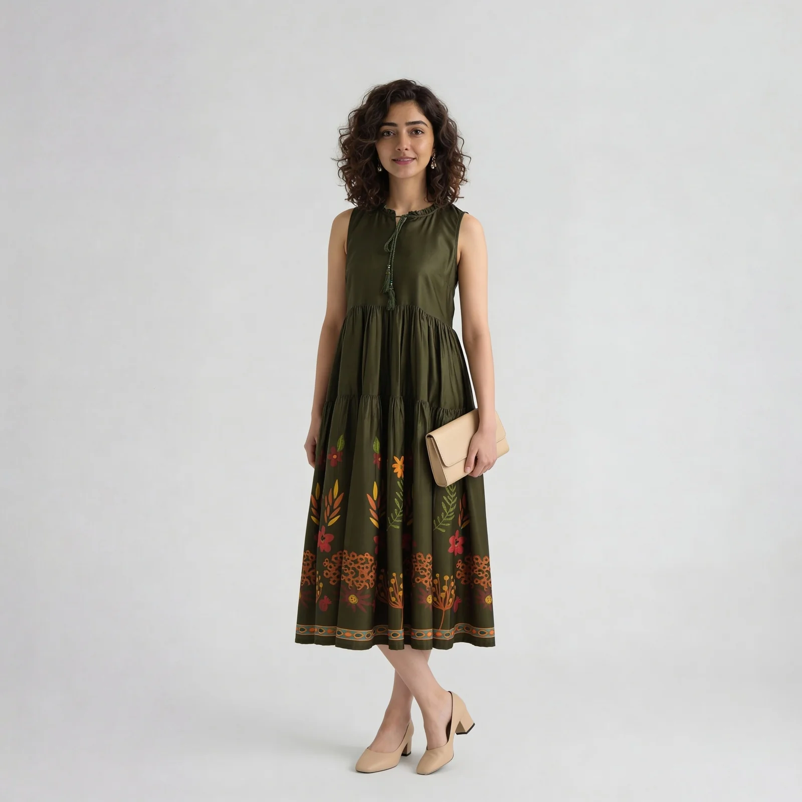 Printed Tie-up Sleeveless Tiered Dress