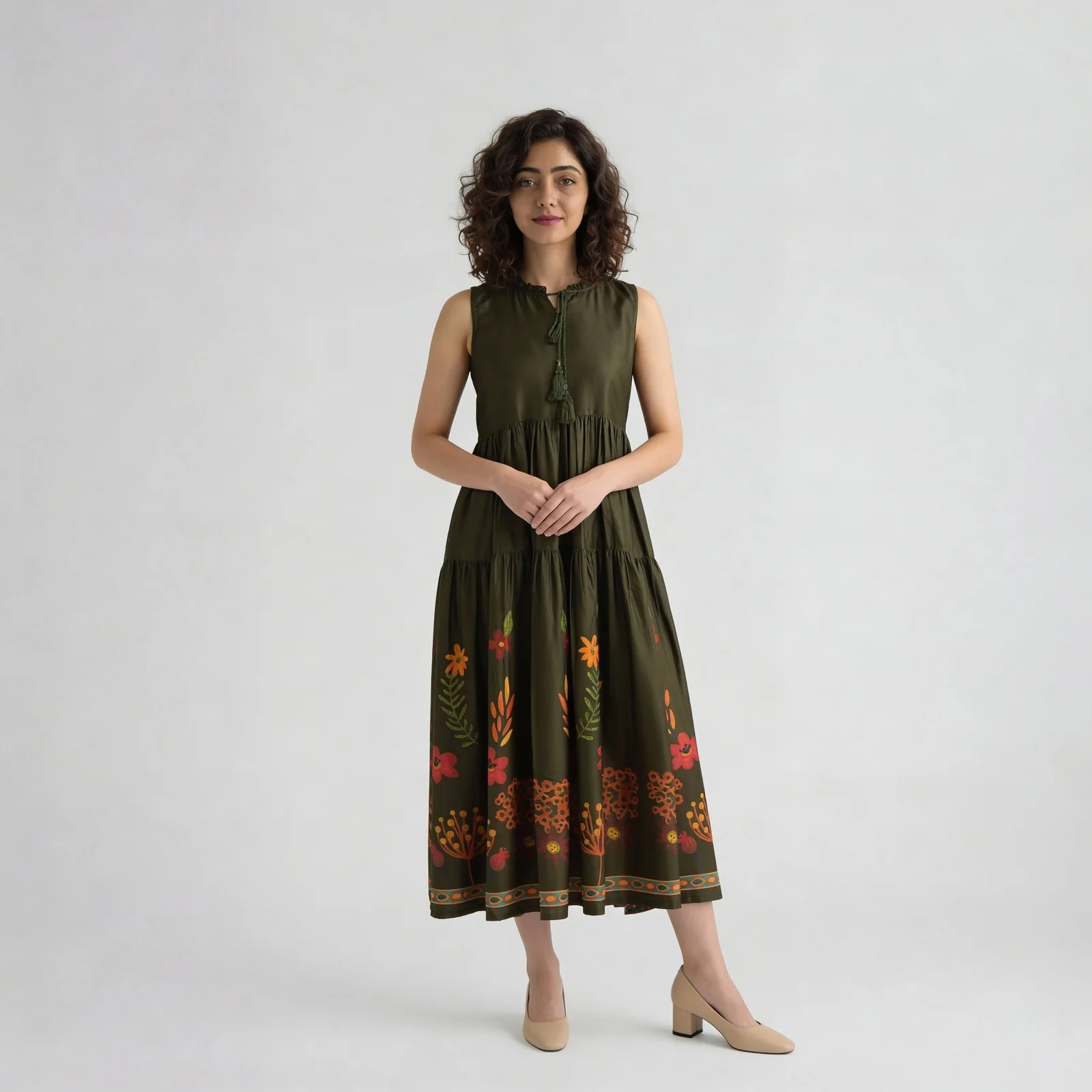 Printed Tie-up Sleeveless Tiered Dress - Image 2