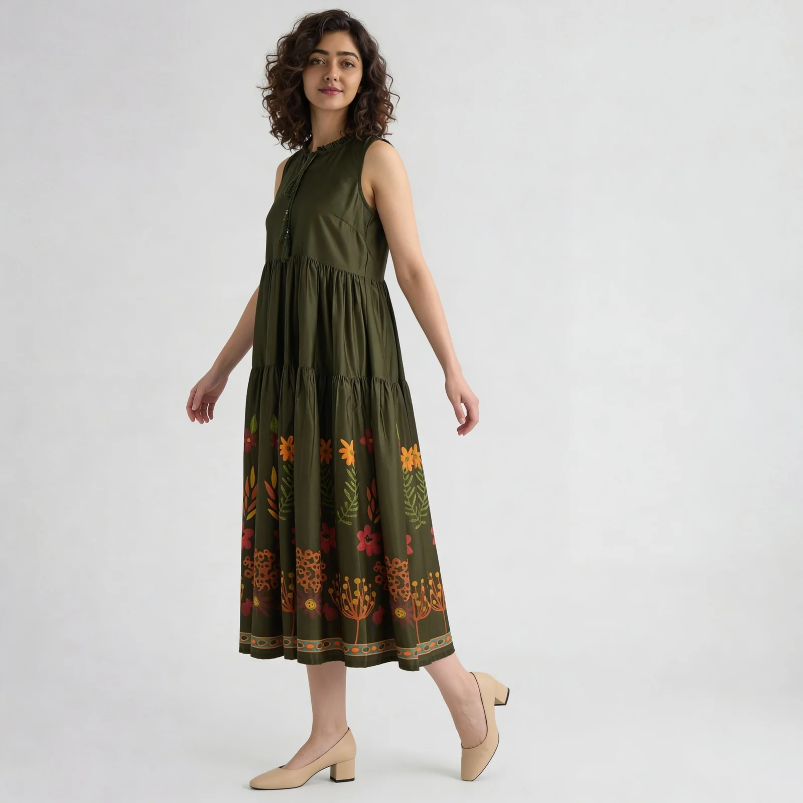 Printed Tie-up Sleeveless Tiered Dress - Image 5