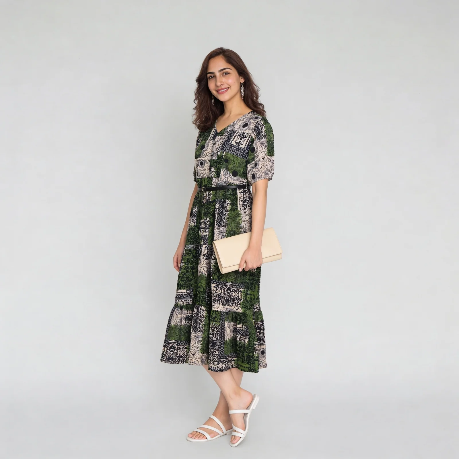 Printed V-Neck Tiered Dress with Belt