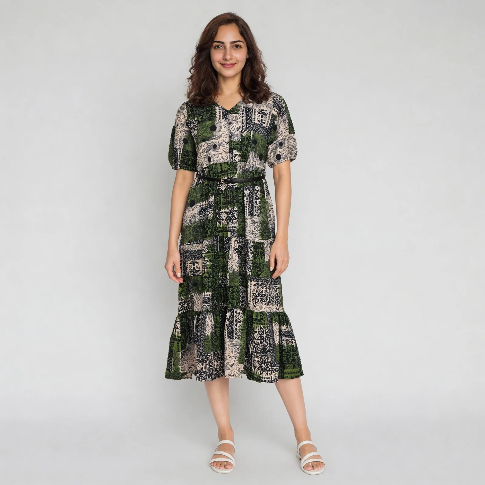 Printed V-Neck Tiered Dress with Belt - Image 2