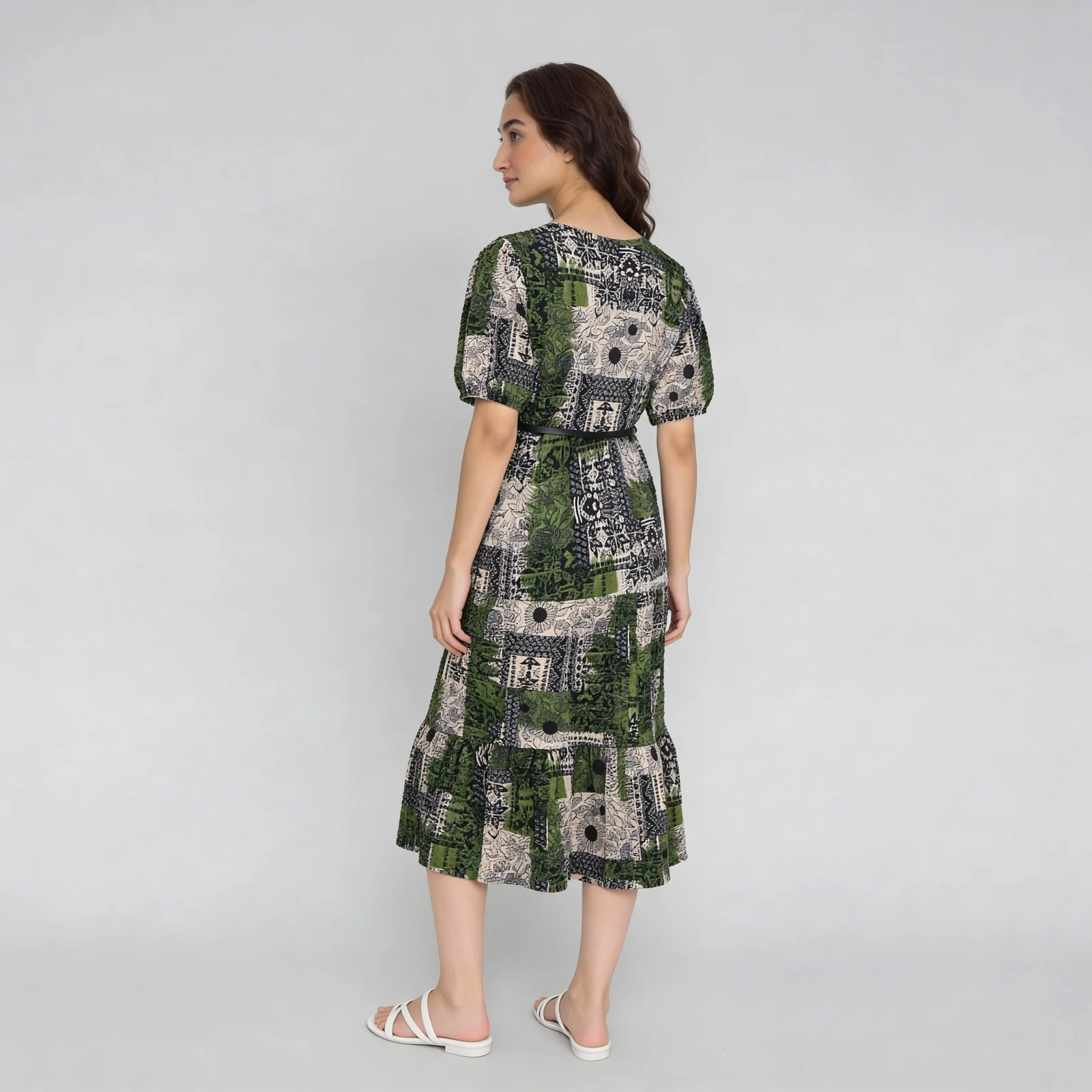 Printed V-Neck Tiered Dress with Belt - Image 3