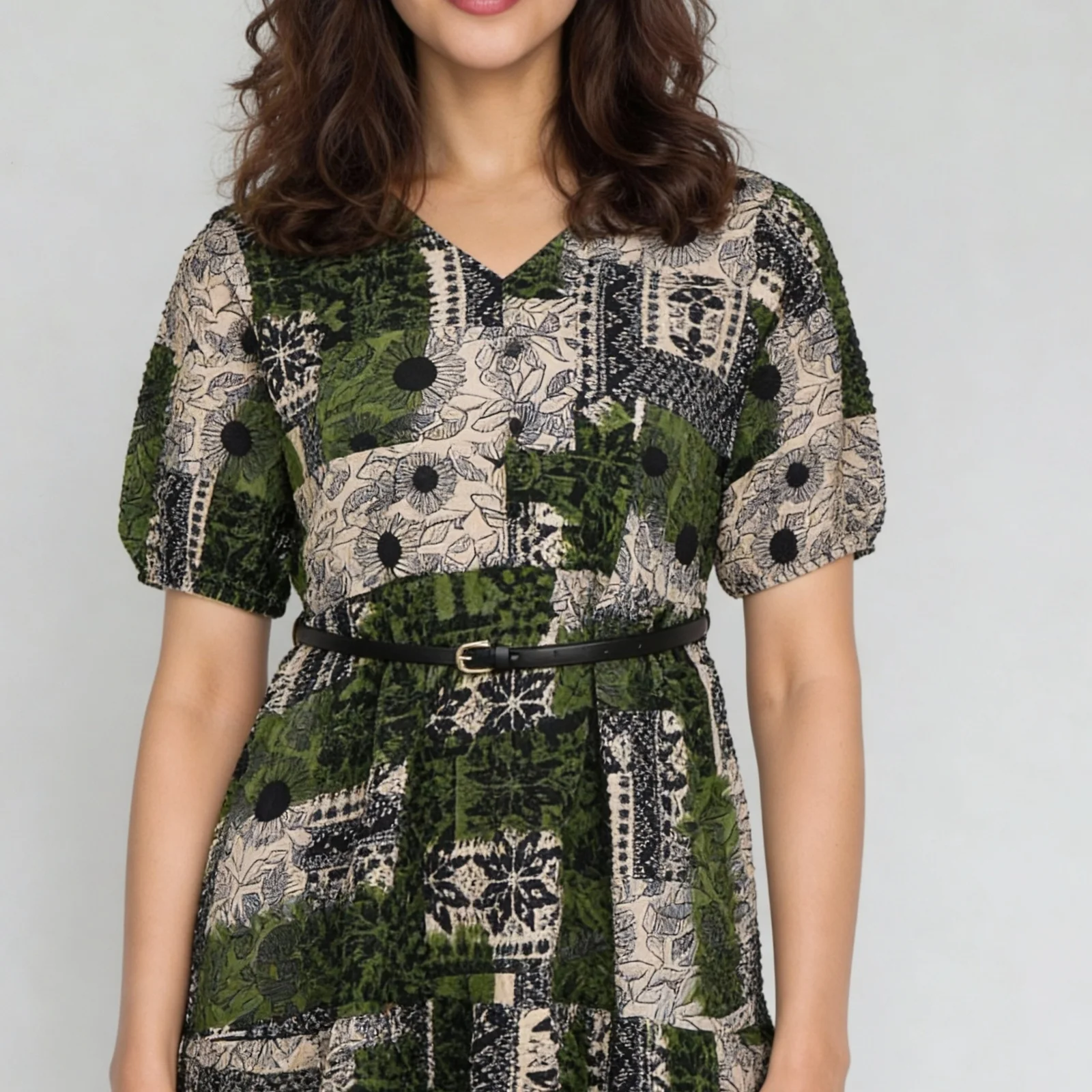 Printed V-Neck Tiered Dress with Belt - Image 4