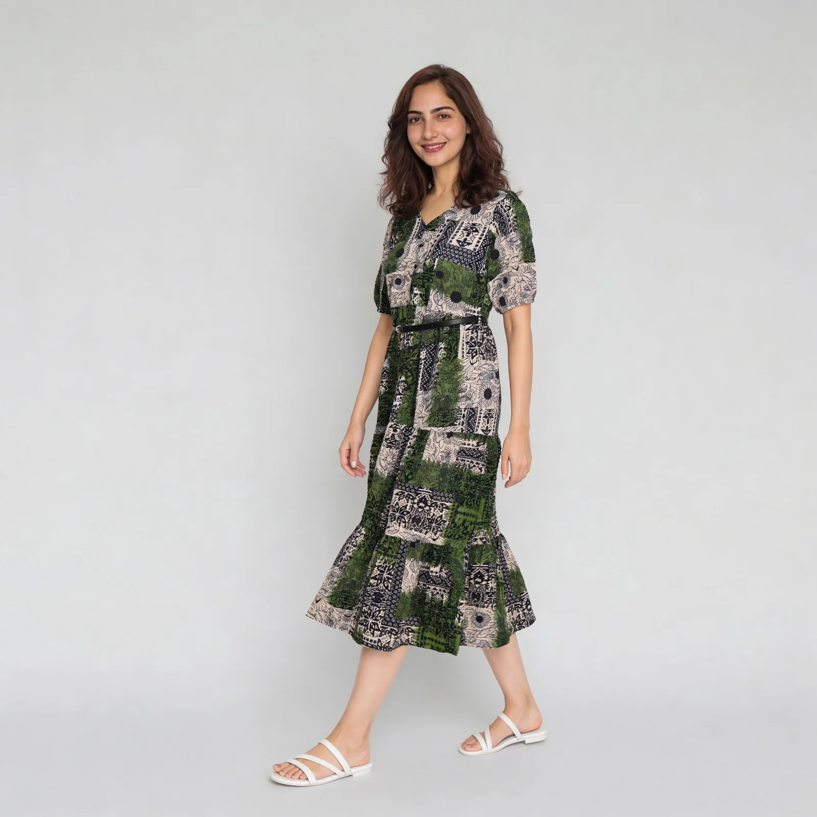 Printed V-Neck Tiered Dress with Belt - Image 5