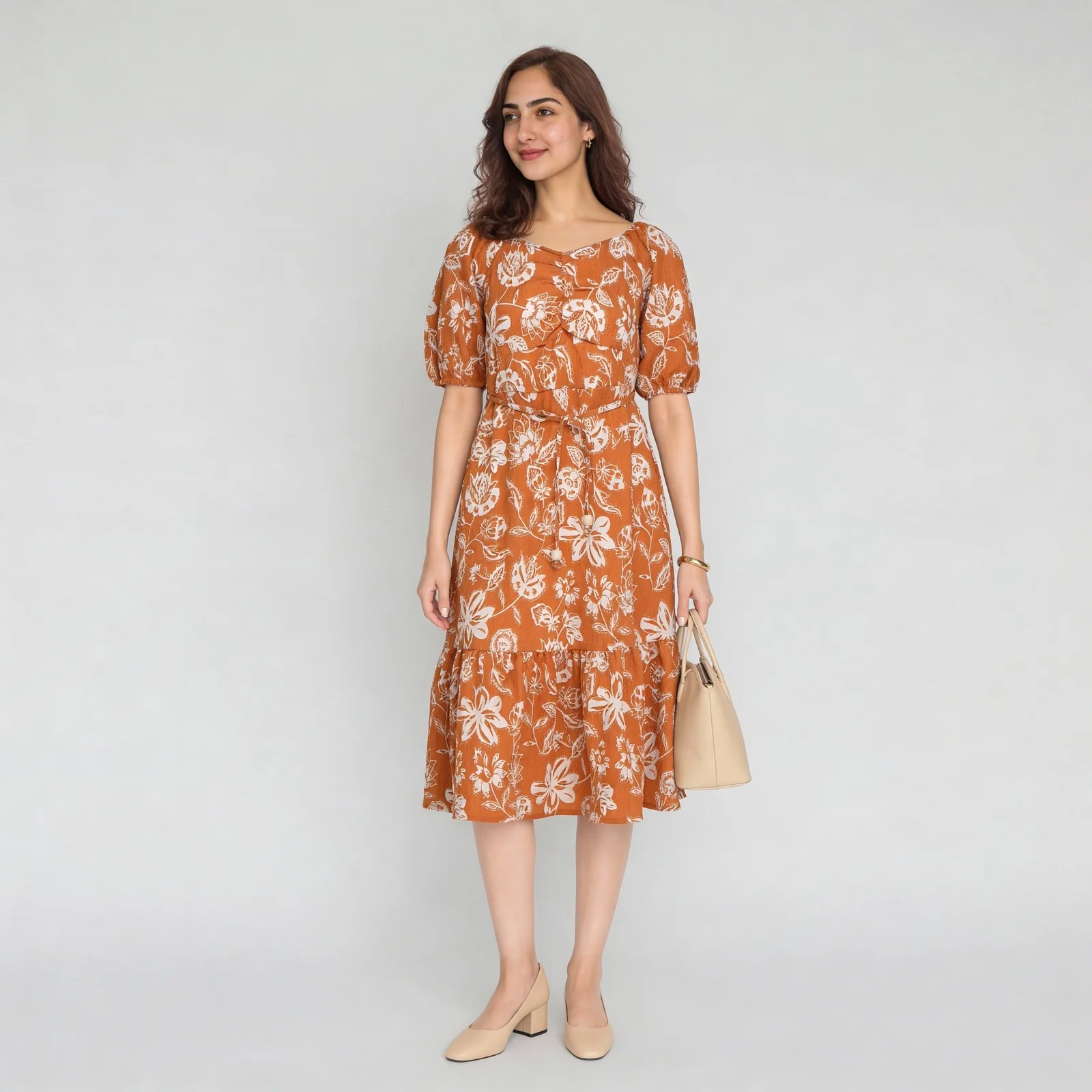 Printed Front Ruched With Band And Single Tier Dress