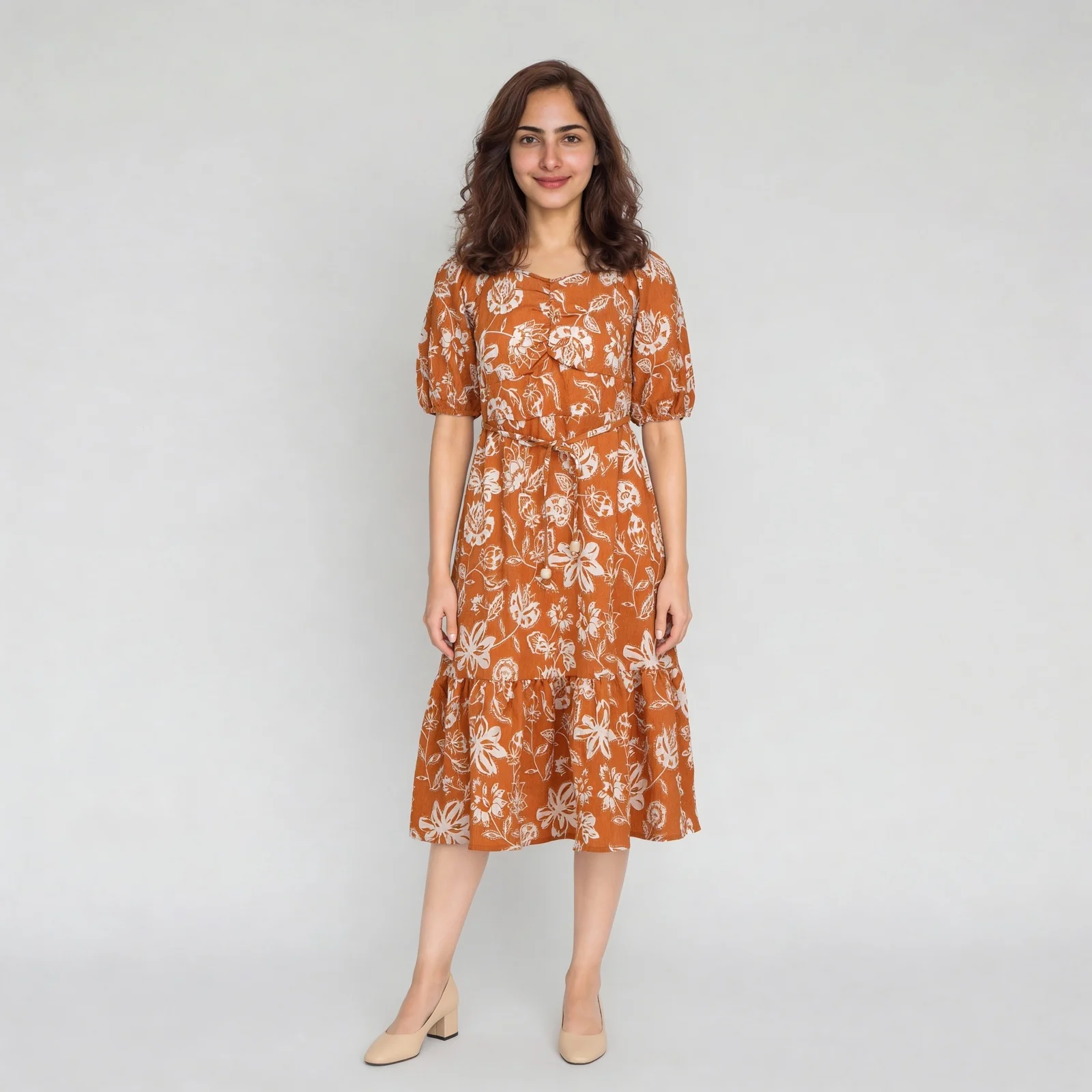 Printed Front Ruched With Band And Single Tier Dress - Image 2