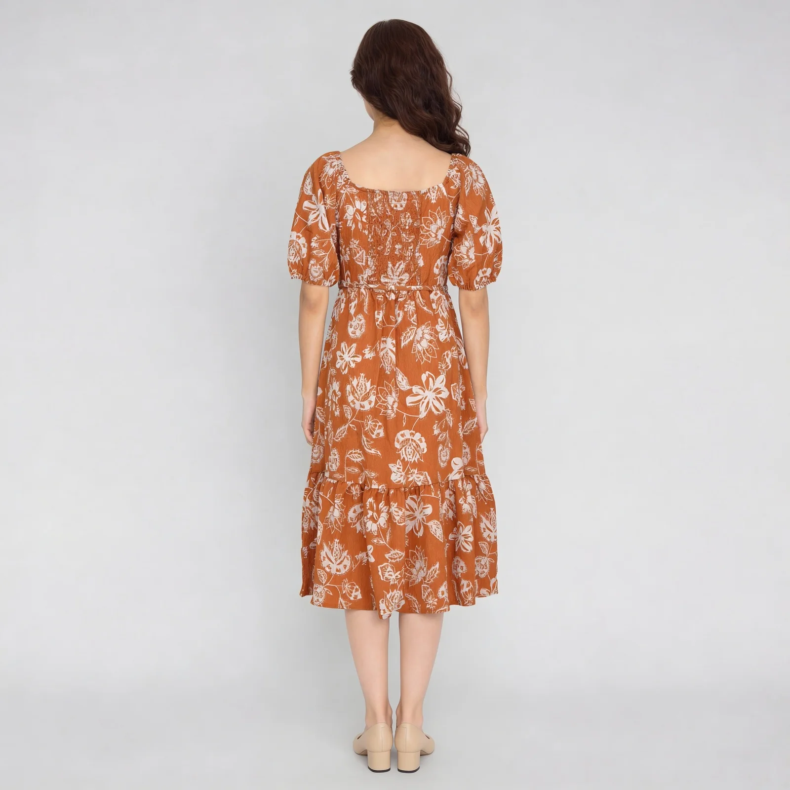 Printed Front Ruched With Band And Single Tier Dress - Image 3