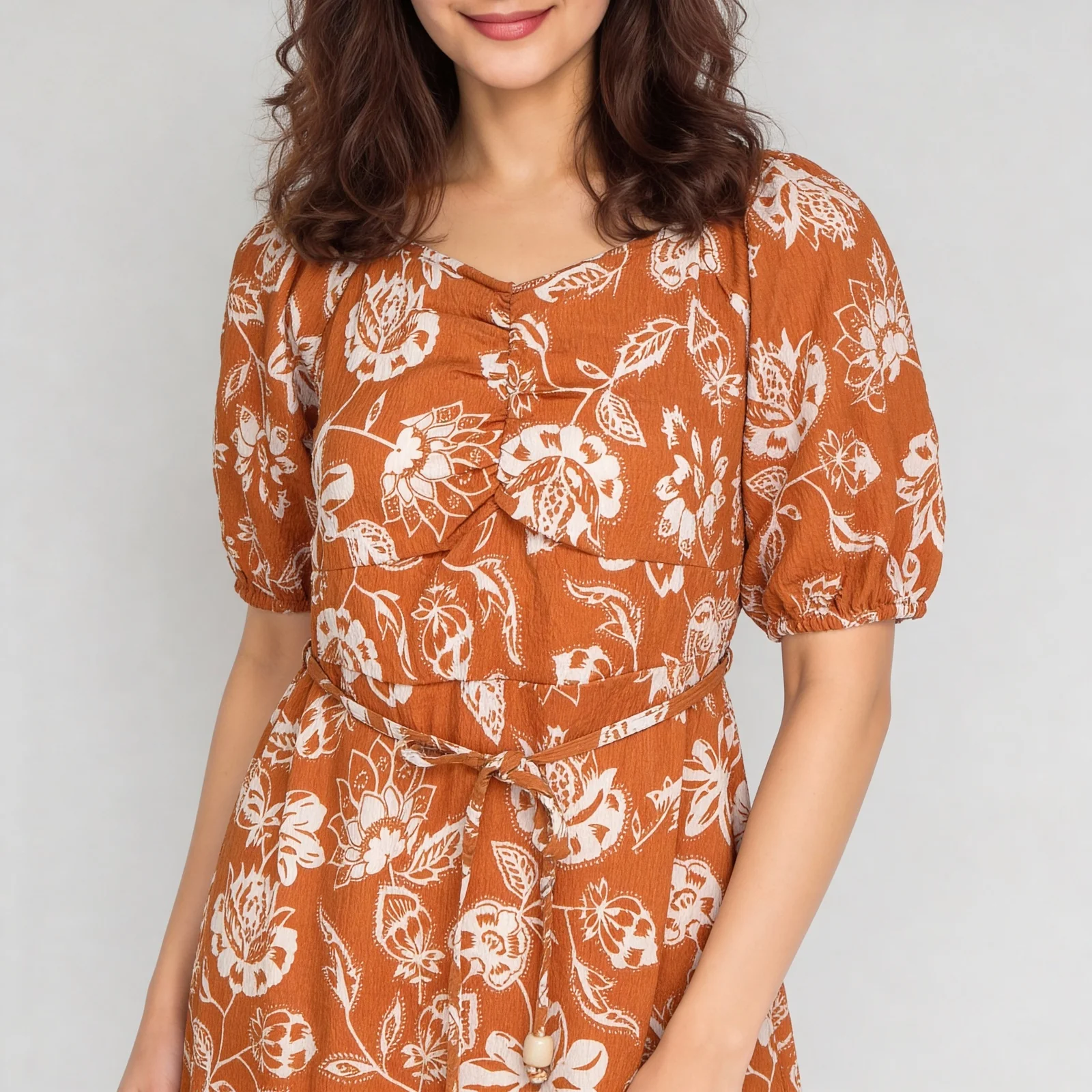 Printed Front Ruched With Band And Single Tier Dress - Image 4