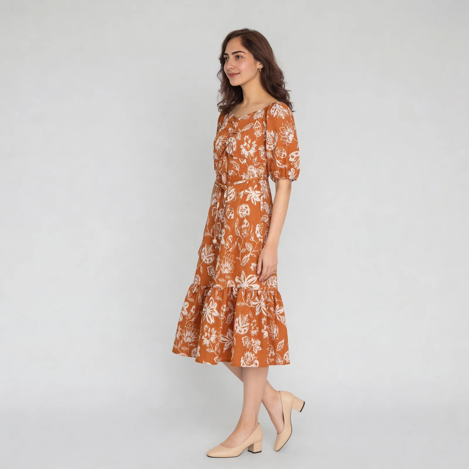 Printed Front Ruched With Band And Single Tier Dress - Image 5