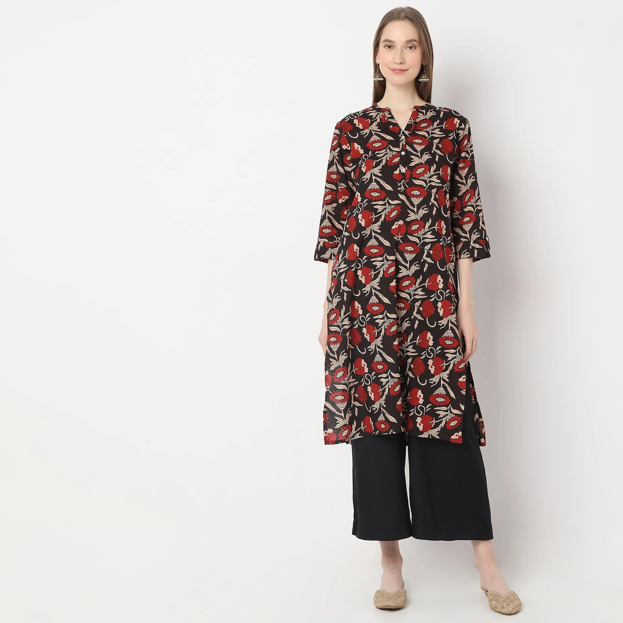 Printed Band Neck Kurta - Image 2