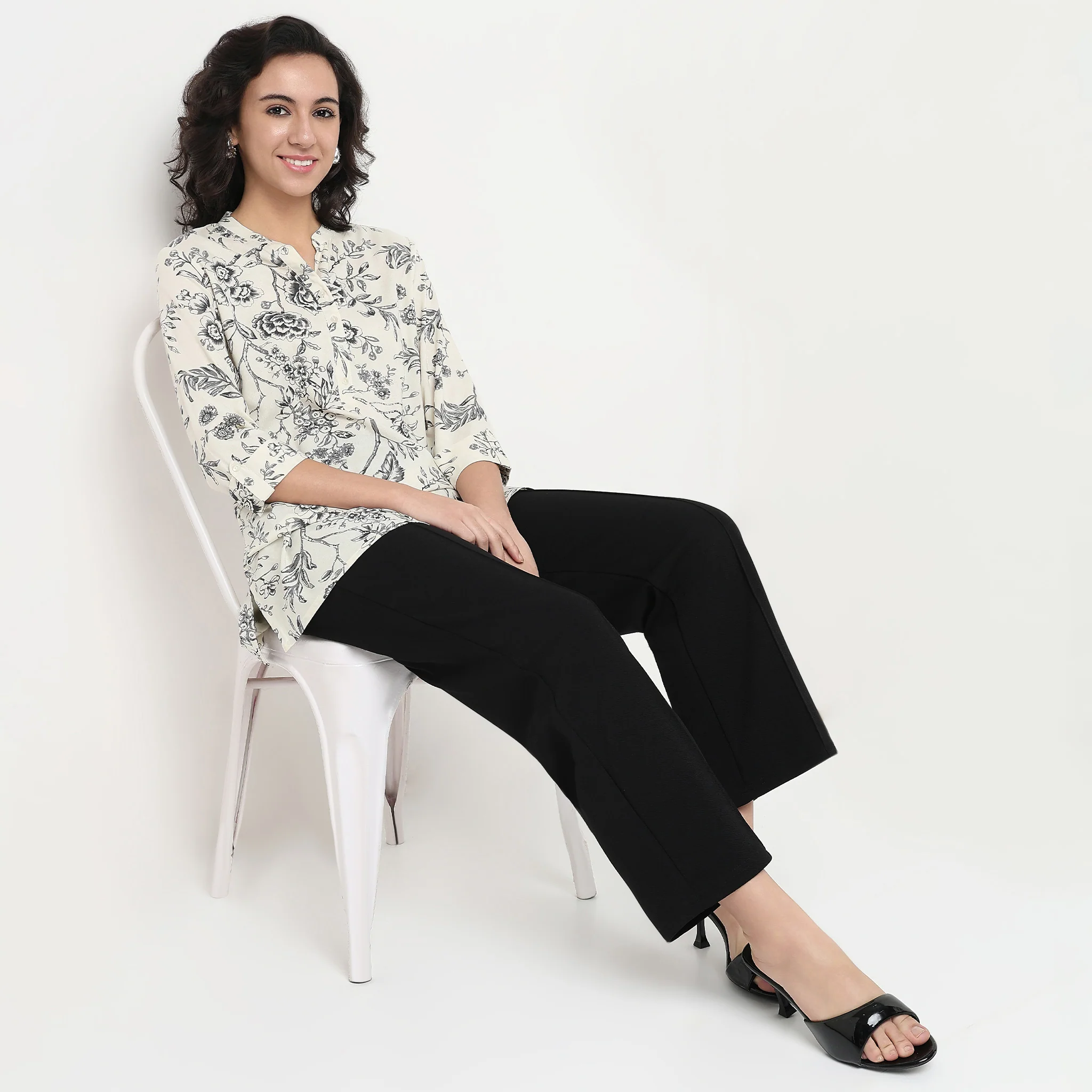 Printed Band Collar Half Placket Short Kurta